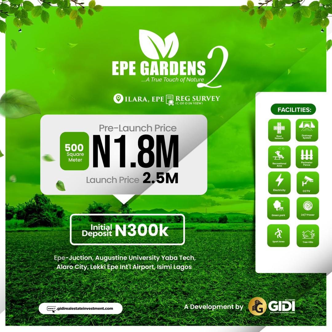 Discover Epe Gardens 2, a green-designed and secure residential development in Epe, Lagos. Enjoy luxury, tranquility, and nature in a strategically located estate with excellent facilities, maximum security, and investment options.