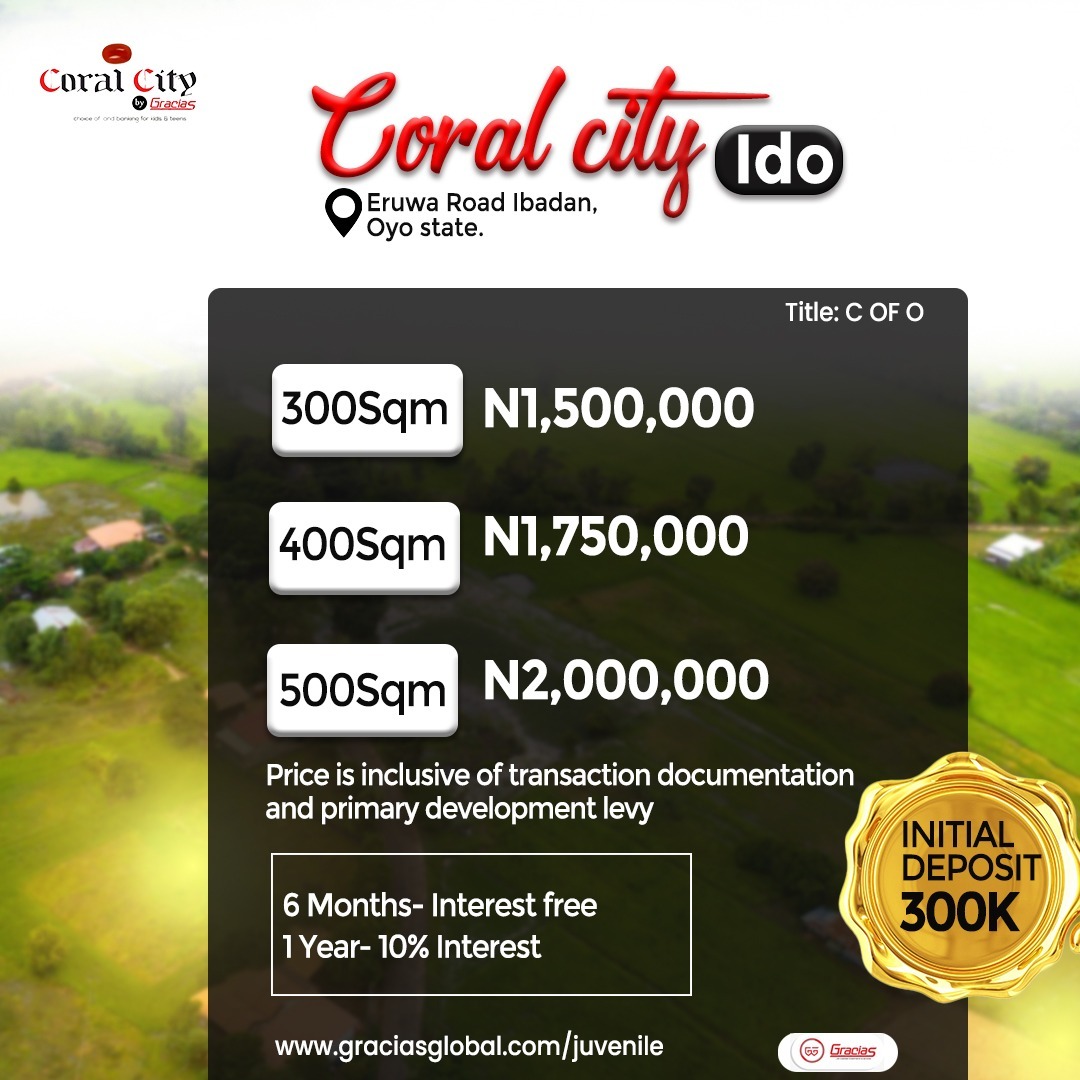 Introducing CORAL CITY IDO OYO STATE, an unparalleled and exceptional investment opportunity that promises both appreciation and value preservation.