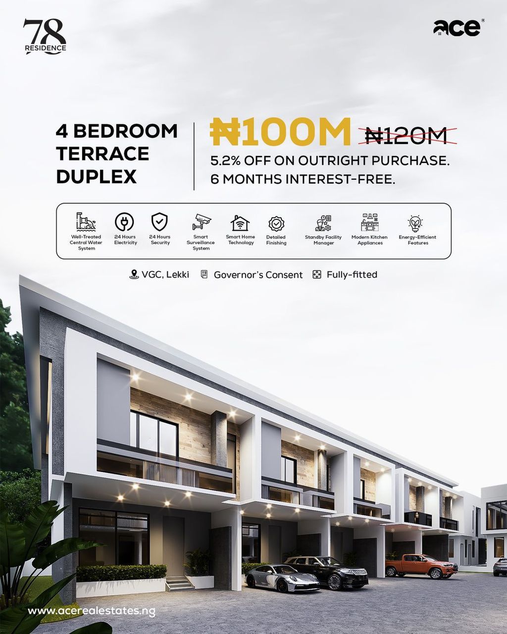 78 Residence, the most stunning residential development in VGC Lekki, now officially on the market. Choose any of our 4-bedroom terraces or Semi-detached units as your next home.