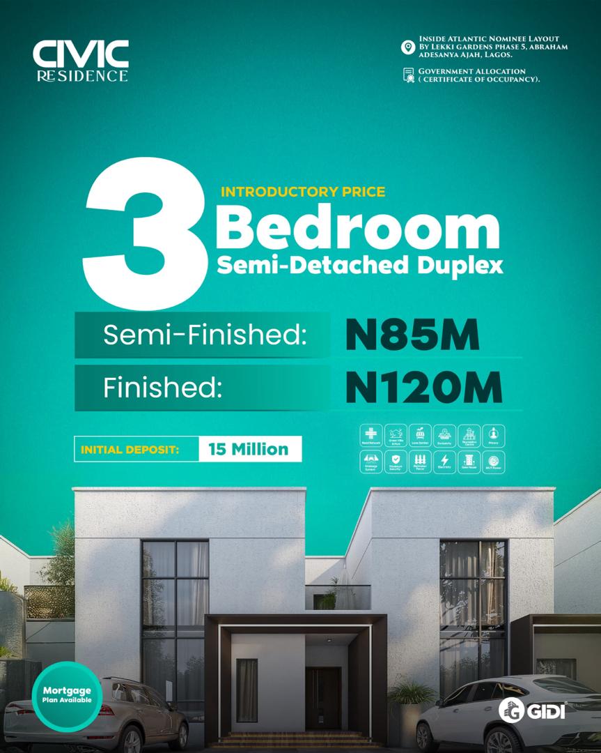 Civic Residence is a unique development of premium site and service plots, 3-bedroom semi-detached duplexes with BQ, 3 bedroom fully detached