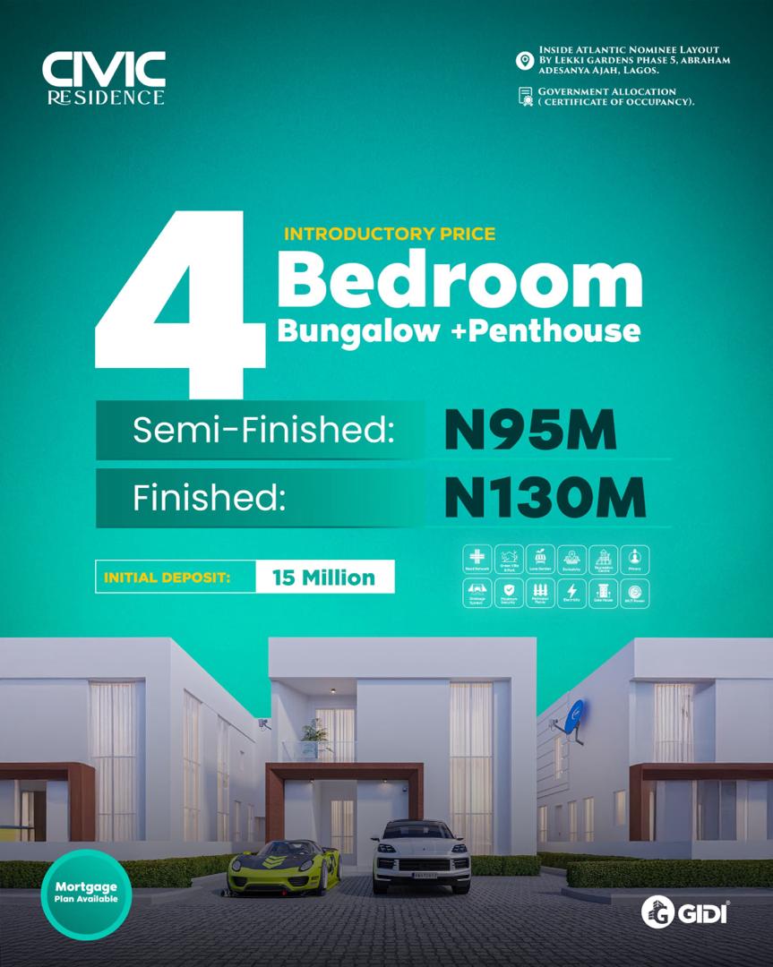 Civic Residence is a unique development of premium site and service plots, 3-bedroom semi-detached duplexes with BQ, 3 bedroom fully detached