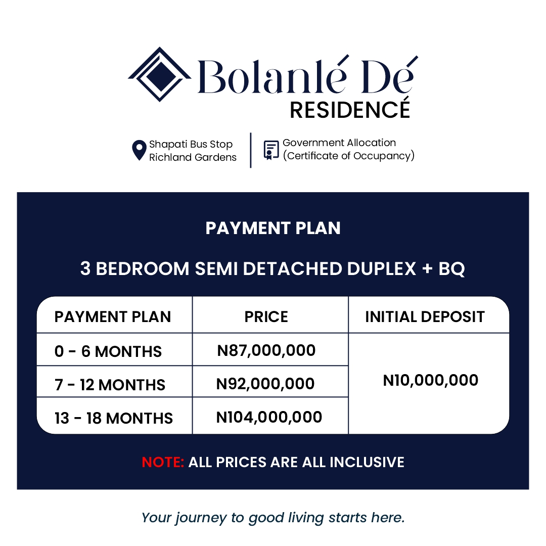 Experience the beauty of luxurious living and a peaceful haven today at the 3 bedrooms duplex with BQ in BOLANLE RESIDENCE, Bogije