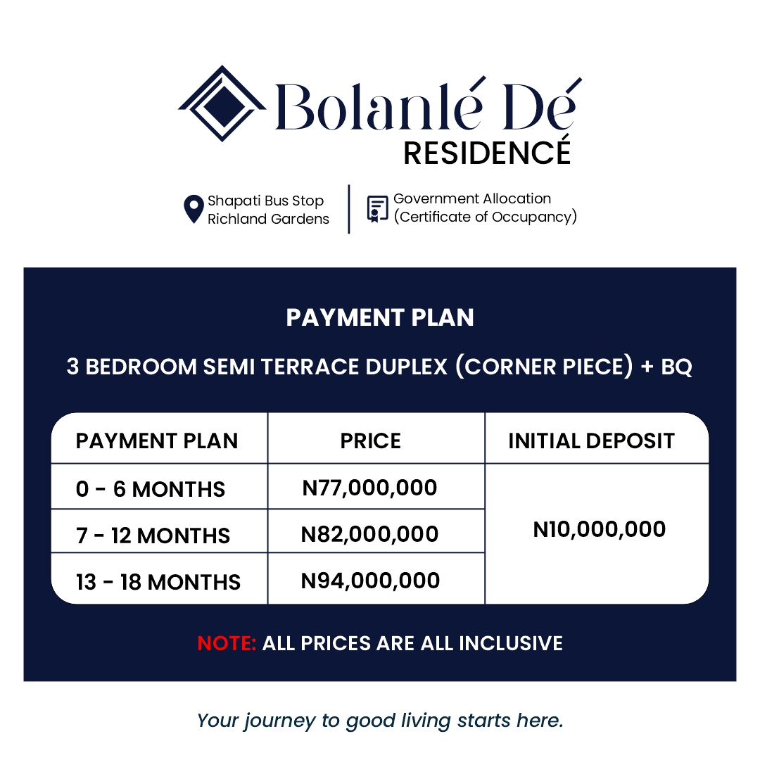 Experience the beauty of luxurious living and a peaceful haven today at the 3 bedrooms duplex with BQ in BOLANLE RESIDENCE, Bogije