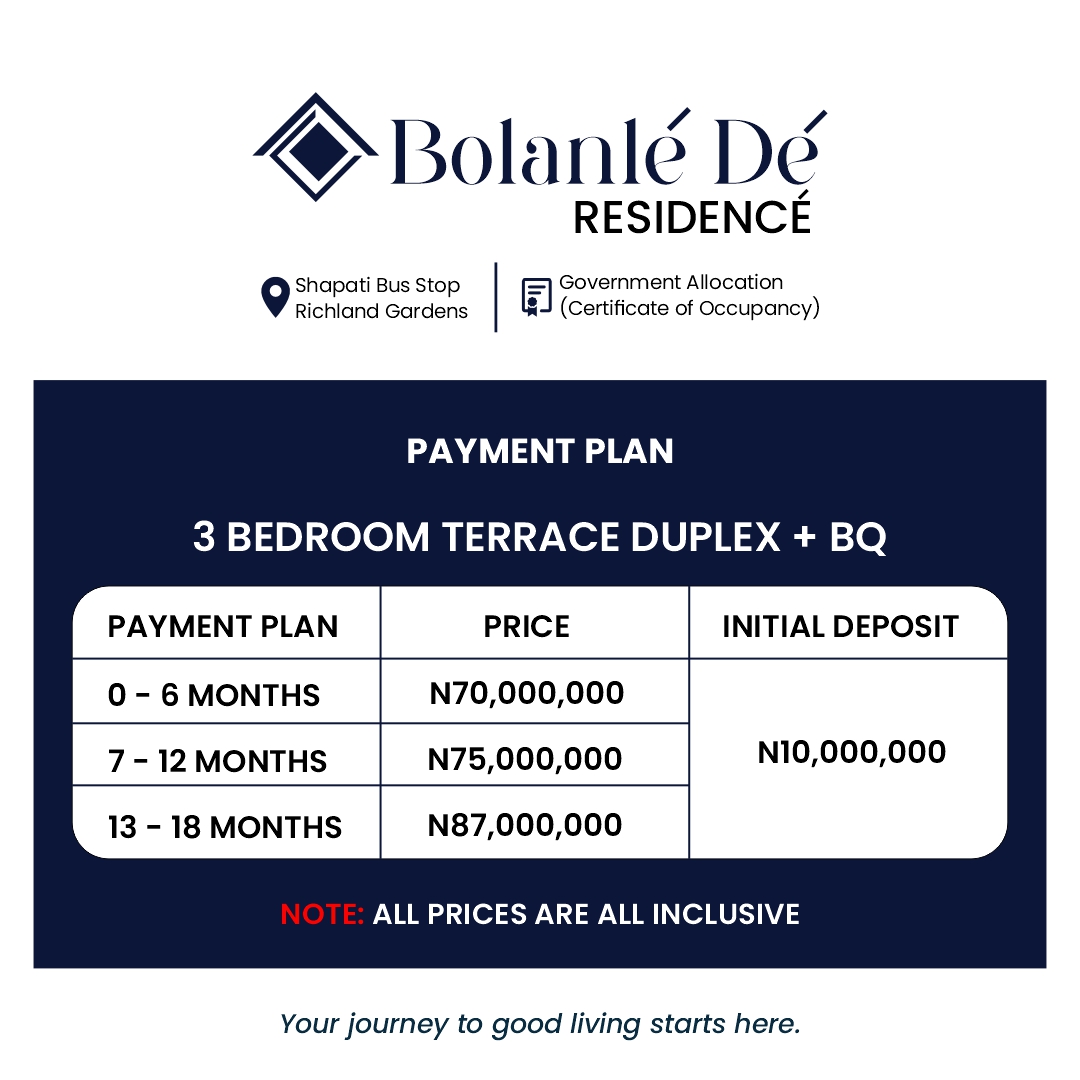 Experience the beauty of luxurious living and a peaceful haven today at the 3 bedrooms duplex with BQ in BOLANLE RESIDENCE, Bogije