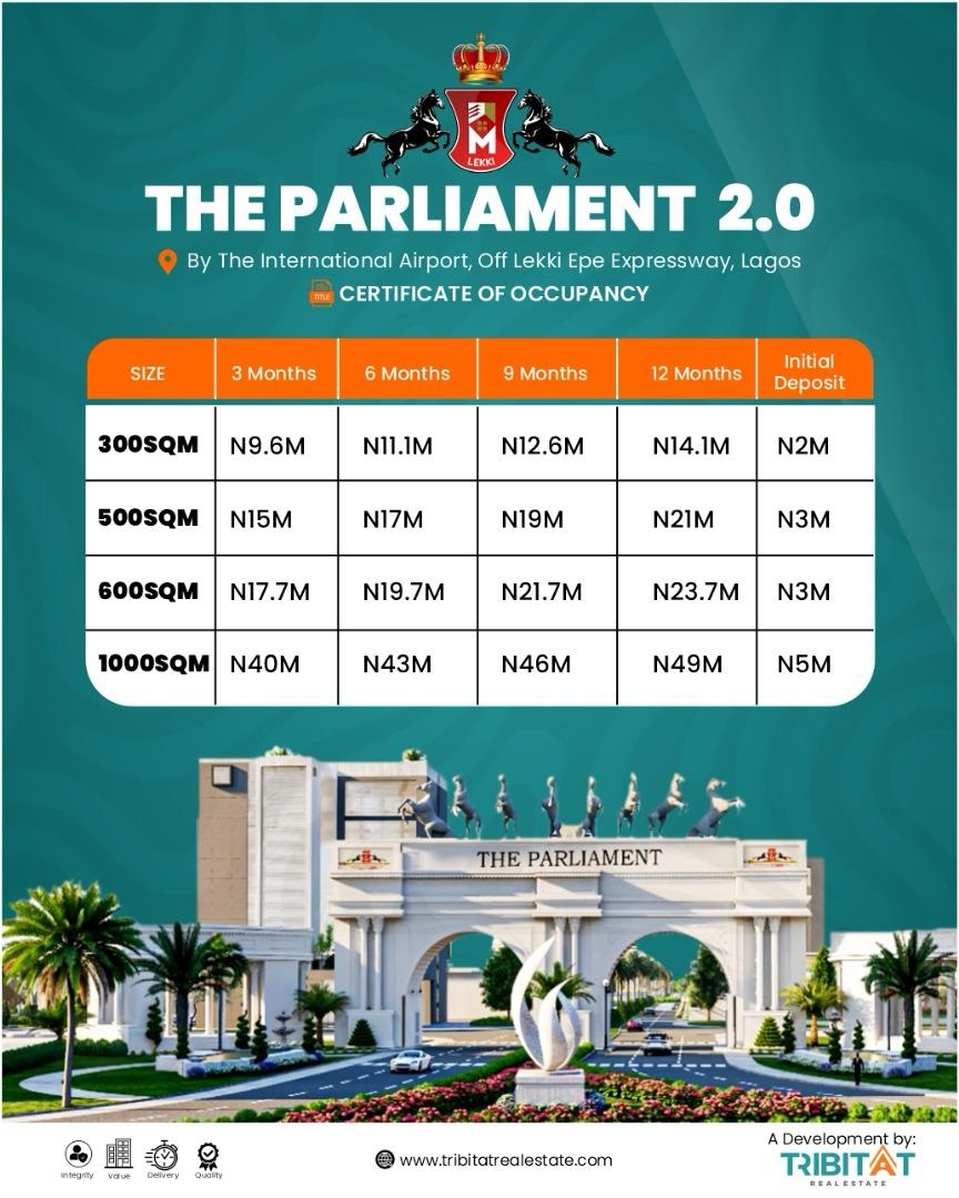Secure your future in Lagos' burgeoning investment hub with The Parliament 2, strategically located just off the Lekki-Epe Expressway