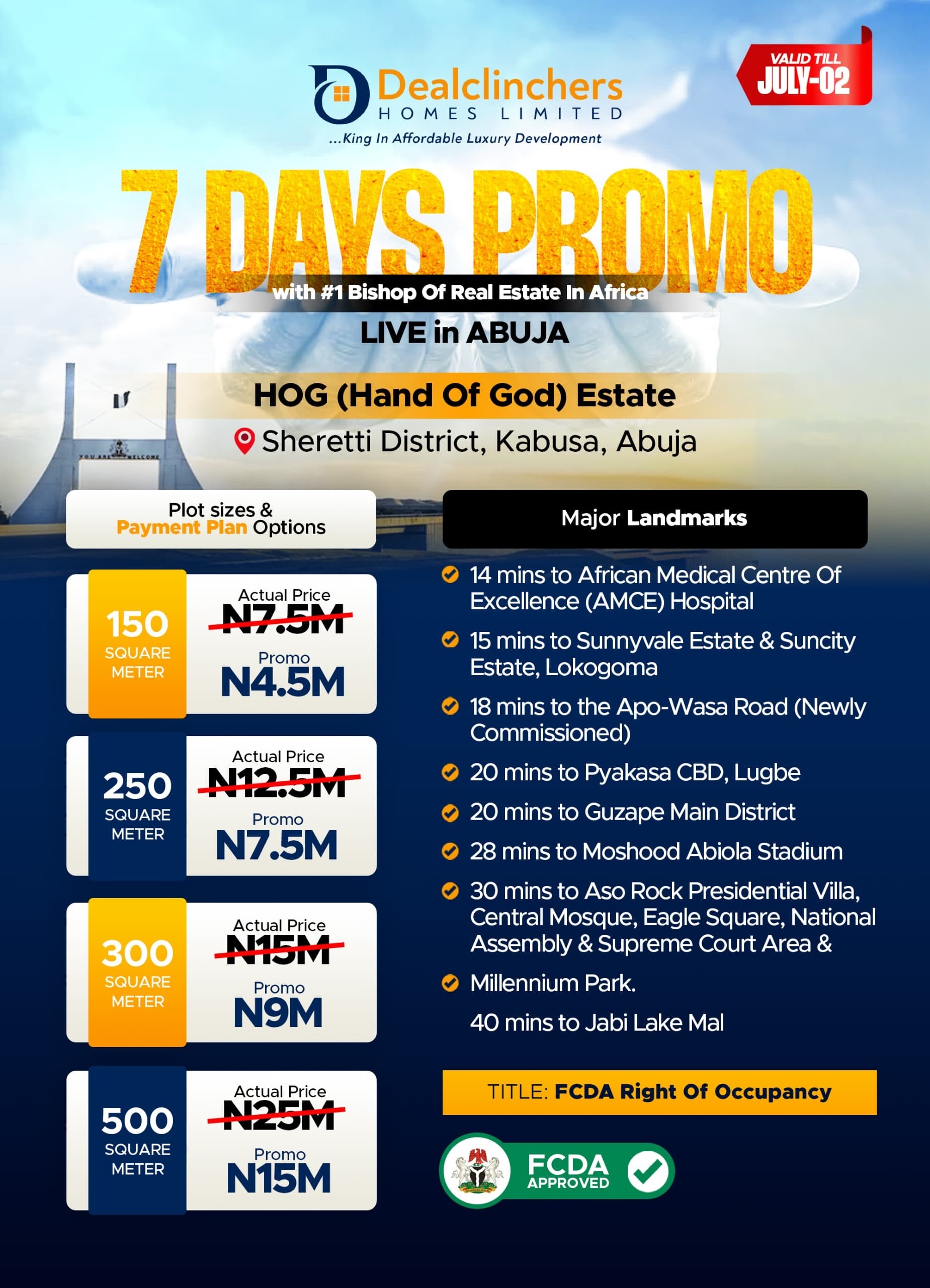 welcome you to Hand Of God Estate (HOG) Phase 2, strategically positioned in Abuja thriving West-Central District, Sheretti.