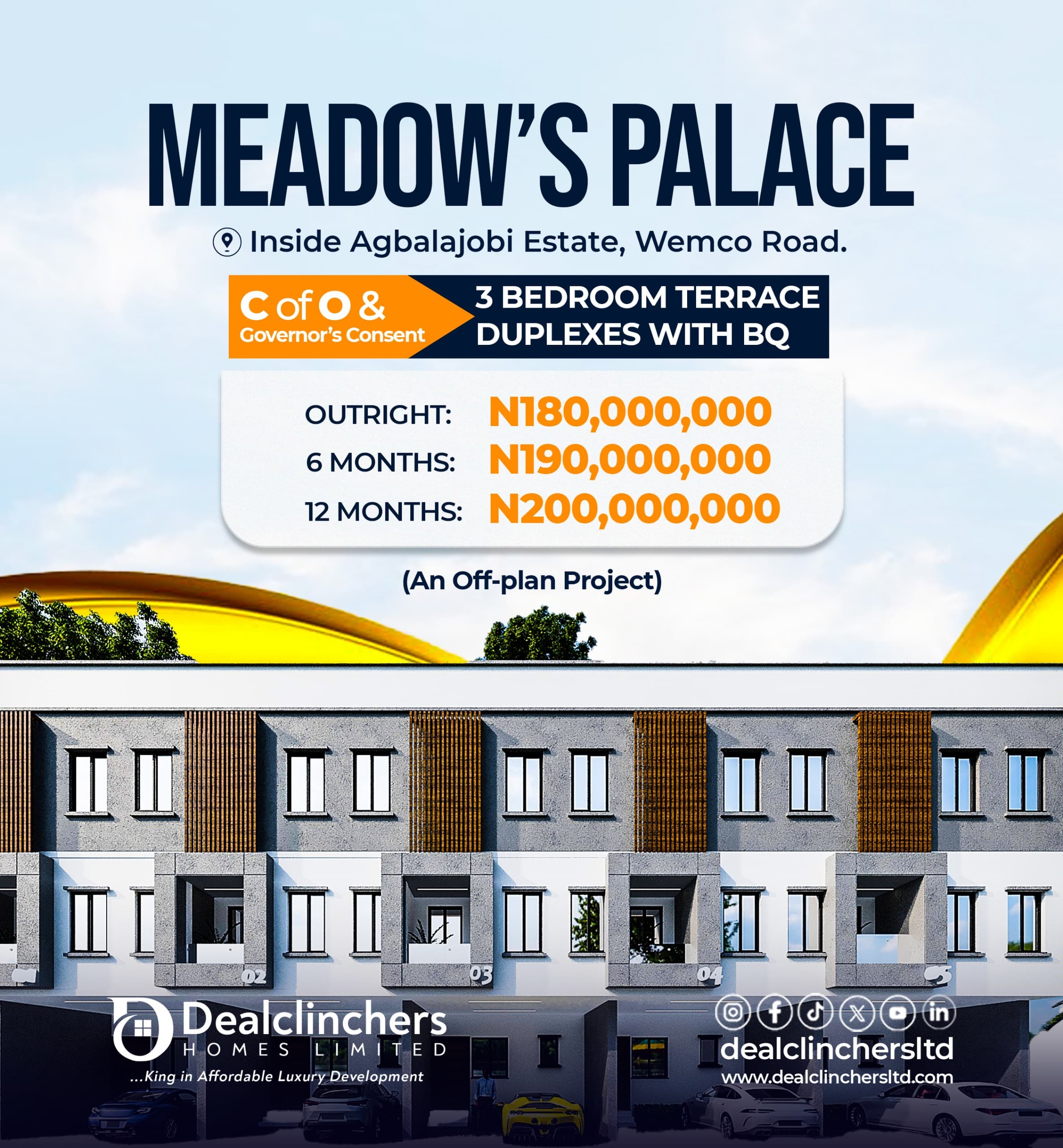 3-bedroom terrace duplexes In Meadow Palace, George Crescent Villas, Agbalajobi Estate, Wemco Road, Ogba. Welcome to Meadow Palace, where the