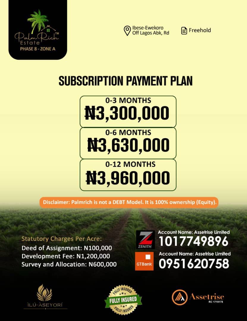 PALMRICH ESTATE, PHASE 8 Ibese, Ewekoro. Seeking a venture where profit meets peace of mind, delivering consistent passive income, capital gr