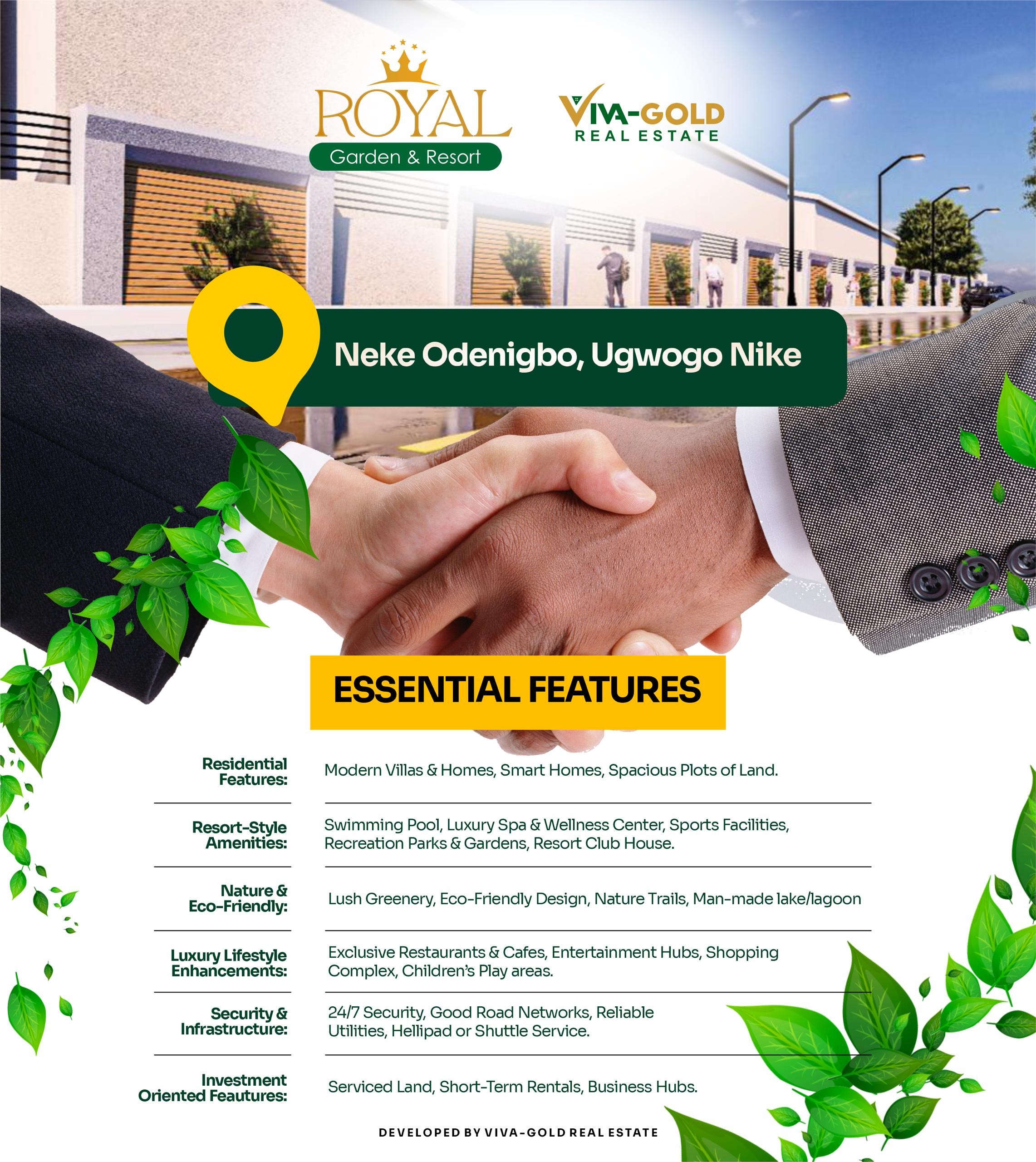 Royal Garden and Resort is strategically situated in Neke Odenigbo, Ugwogo Nike, Enugu. Enjoy serene living without sacrificing convenience,