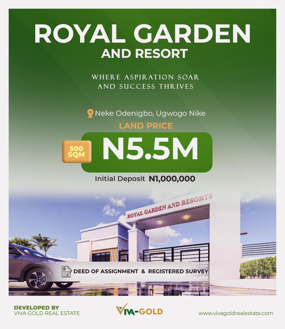 Royal Garden and Resort is strategically situated in Neke Odenigbo, Ugwogo Nike, Enugu. Enjoy serene living without sacrificing convenience,