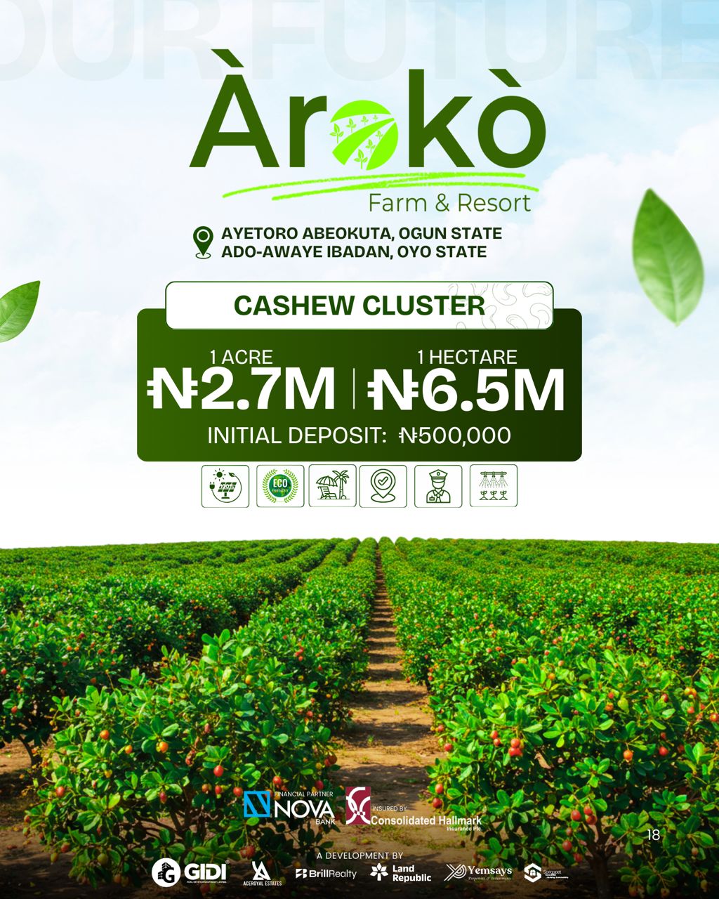 This isn’t ordinary real estate. At Aroko, every acre is profit + paradise. From cocoa, cashew, palm trees, and livestock to ranching cluster