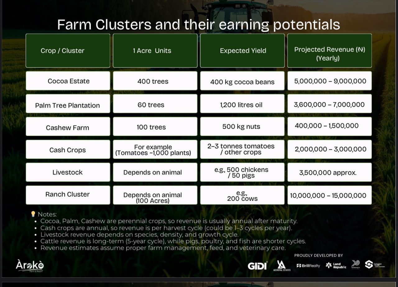 This isn’t ordinary real estate. At Aroko farm, every acre is profit + paradise. From cocoa, cashew, palm trees, and livestock to ranching cluster