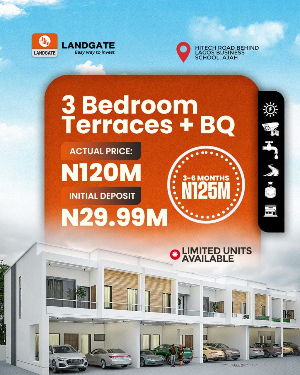 LANDGATE HOMES. A 3 bedroom terrace with BQ located on Hitech Road, directly behind the prestigious Lagos Business School in Ajah,