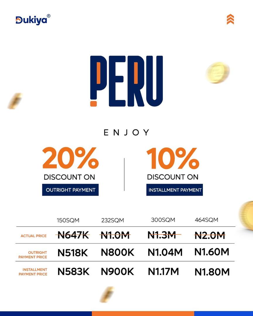 Peru Estate, Ilorin: Secure your future with prime, dry plots (150 - 464 SQM) in Ilorin East, Kwara State. Right of Occupancy (R of O) title, ready to build, and no hidden fees. Invest now at prelaunch prices from ₦646,999! Ideal for homeowners, investors, and diaspora.