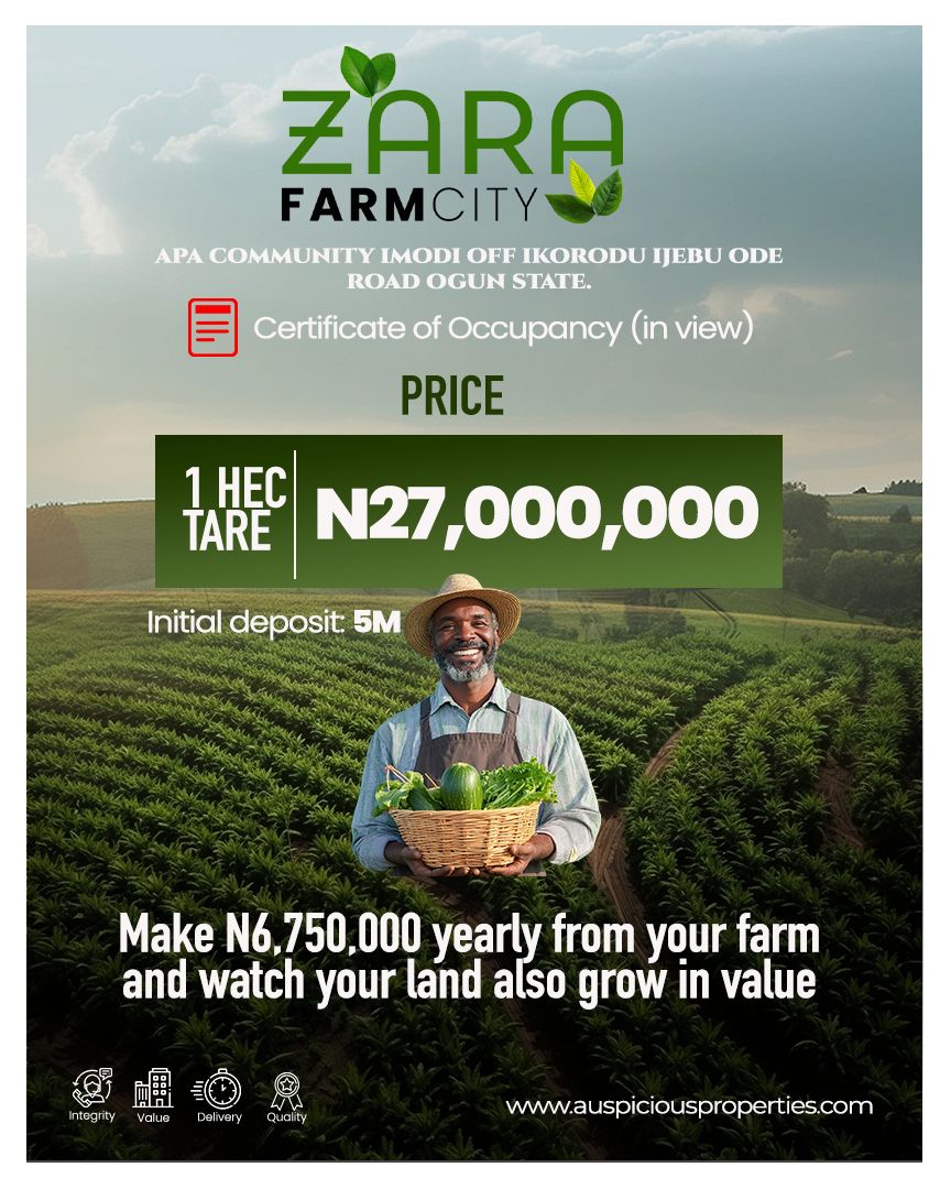 Zara Farm City transforms a simple land purchase into a dynamic, sustainable investment, fueling both wealth creation and agricultural income through strategic land banking.