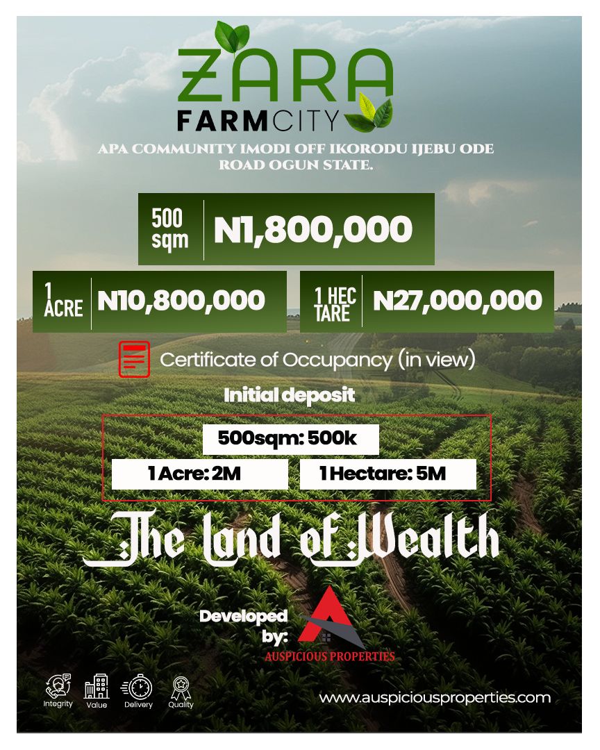 Zara Farm City transforms a simple land purchase into a dynamic, sustainable investment, fueling both wealth creation and agricultural income through strategic land banking.