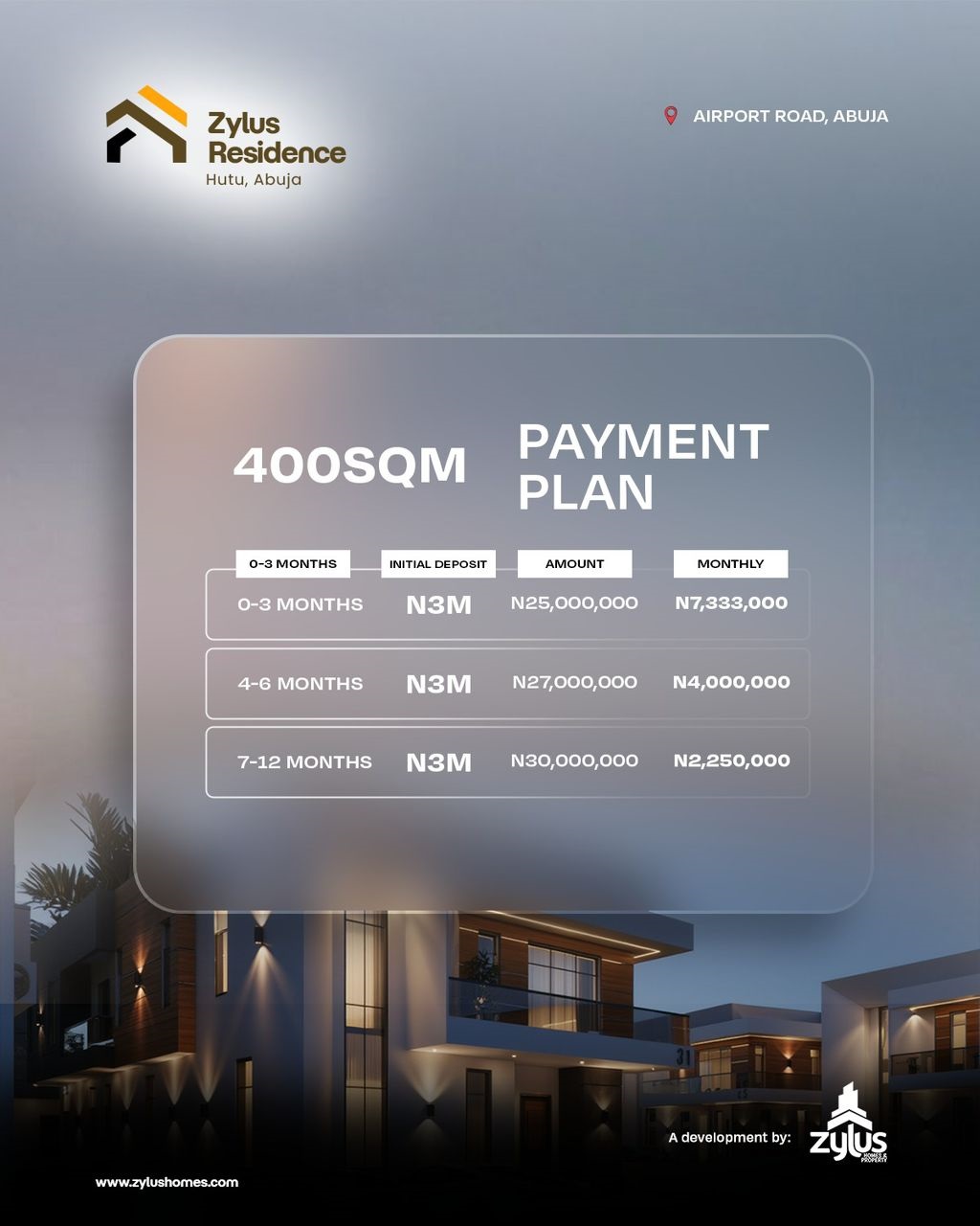 Zylus Residence Hutu, Abuja. Premium 400sqm & 800sqm plots available with a ₦3M deposit. Located near the Airport Road. Buy today!