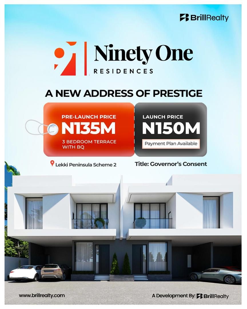 Save ₦15M at Ninety One Residences! Luxury 3-bedroom terraces with BQ in Lekki Scheme 2. Pre-launch price: ₦135M. Secure with a 40% deposit