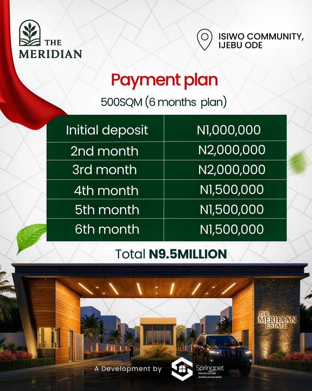 The Meridian Platinum Acre in Isiiwo, Ijebu Ode. Secure 1 acre of premium land for ₦57M with a ₦6M deposit. Ideal for resorts, country home