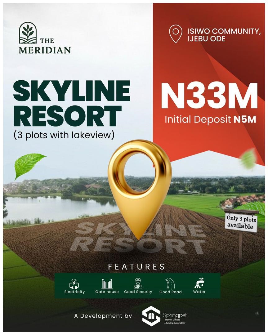 The Meridian Platinum Acre in Isiiwo, Ijebu Ode. Secure 1 acre of premium land for ₦57M with a ₦6M deposit. Ideal for resorts, country homecountry home