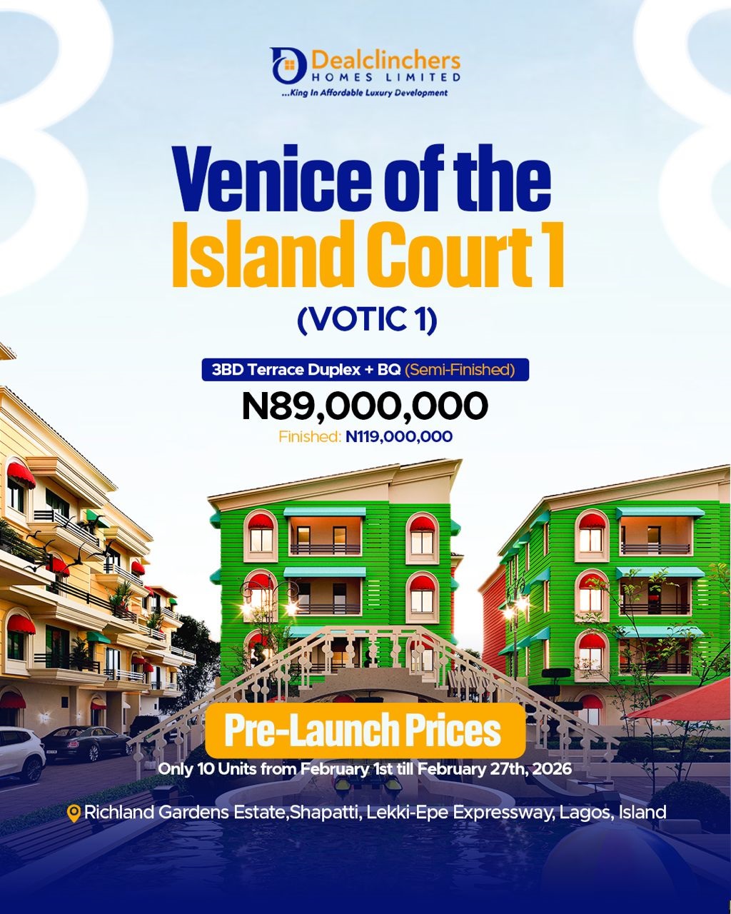 Experience elegance at Venice of the Island Court 1 (VOTIC 1). Premium 2, 3 & 4 bedroom homes in Richland Gardens Estate, Shapati.