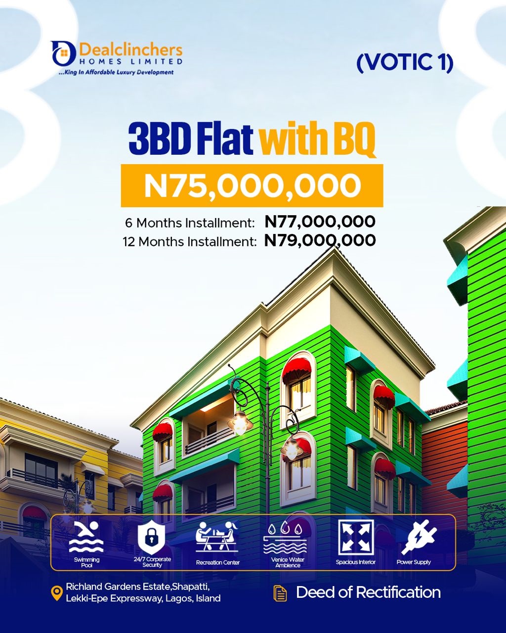 Experience elegance at Venice of the Island Court 1 (VOTIC 1). Premium 2, 3 & 4 bedroom homes in Richland Gardens Estate, Shapati.