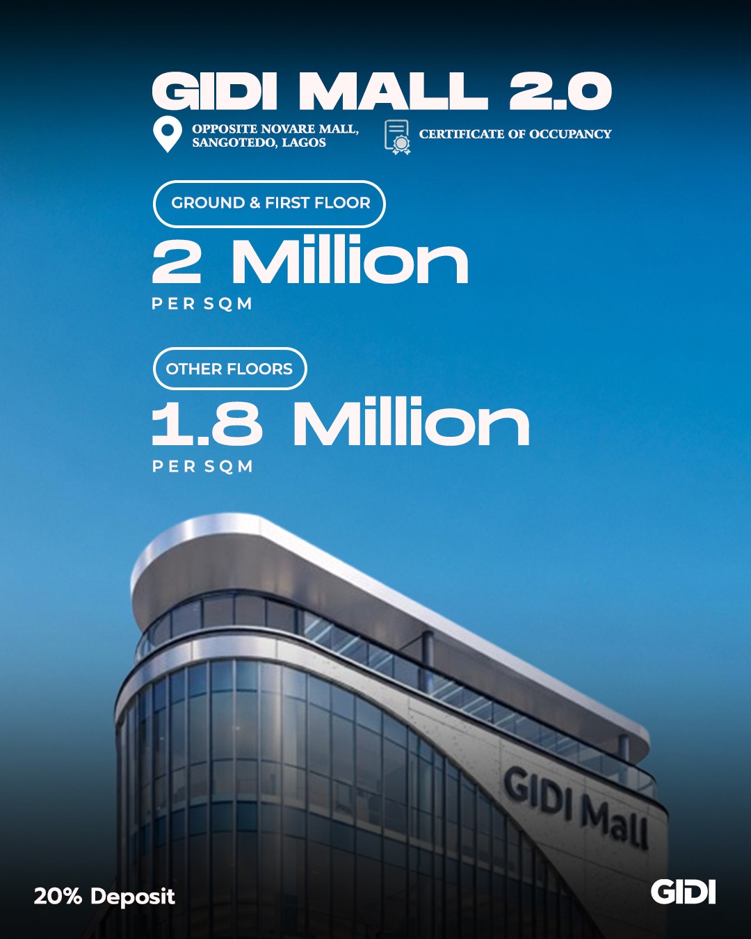 Own premium commercial space at GIDI Mall 2.0, Sangotedo. Directly opposite Novare Mall, 20% initial deposit, and massive ROI potential.