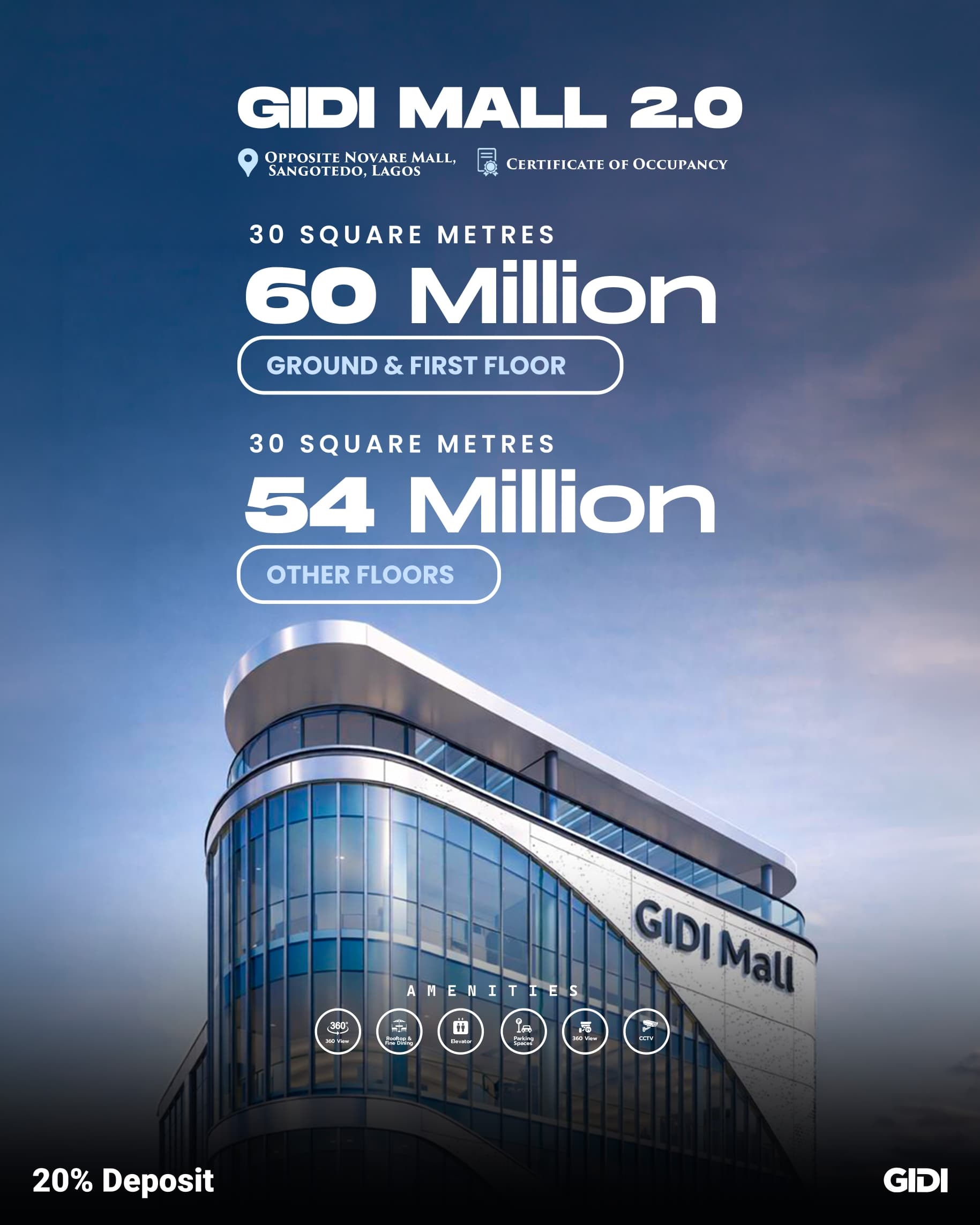 Own premium commercial space at GIDI Mall 2.0, Sangotedo. Directly opposite Novare Mall, 20% initial deposit, and massive ROI potential.