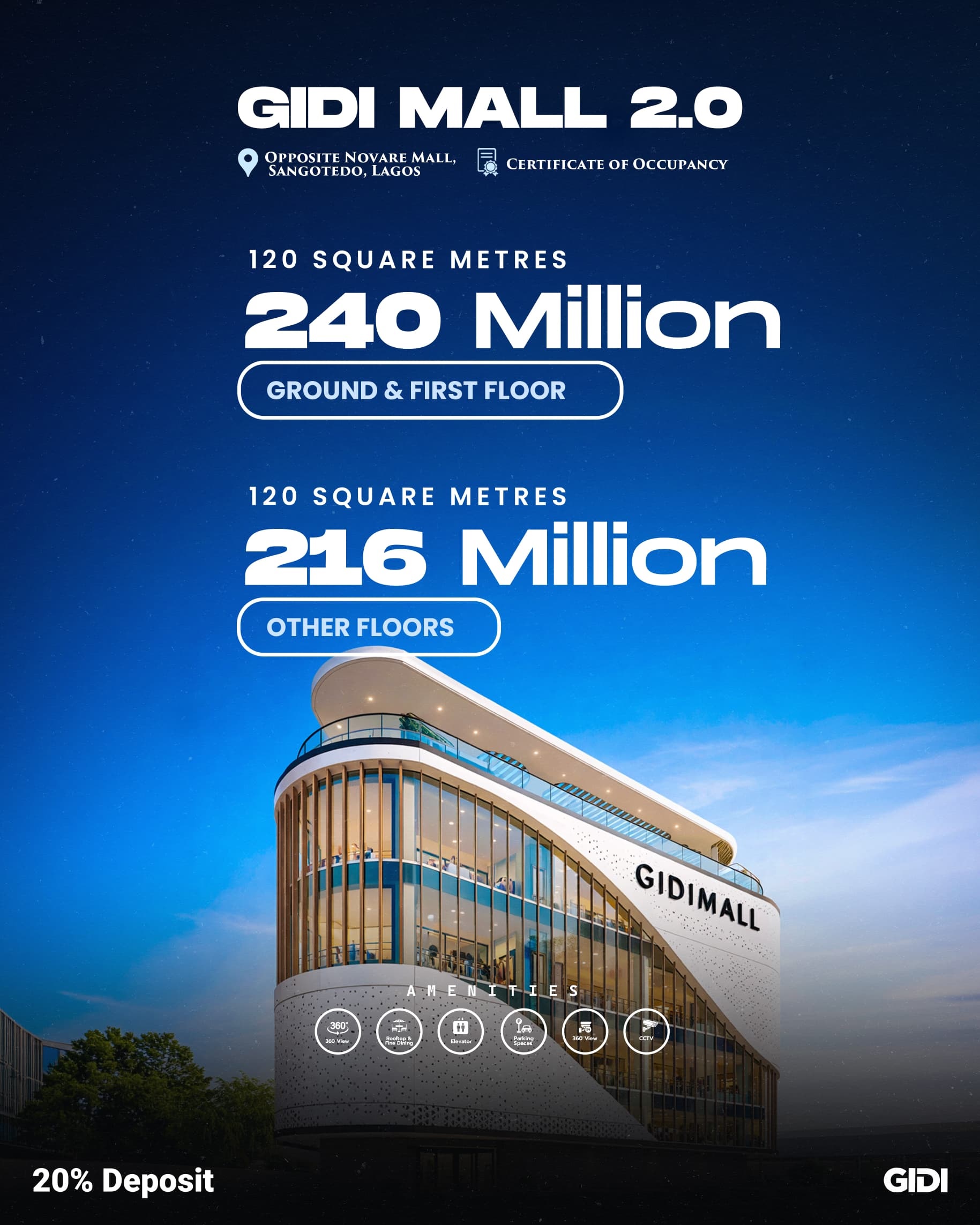 Own premium commercial space at GIDI Mall 2.0, Sangotedo. Directly opposite Novare Mall, 20% initial deposit, and massive ROI potential.