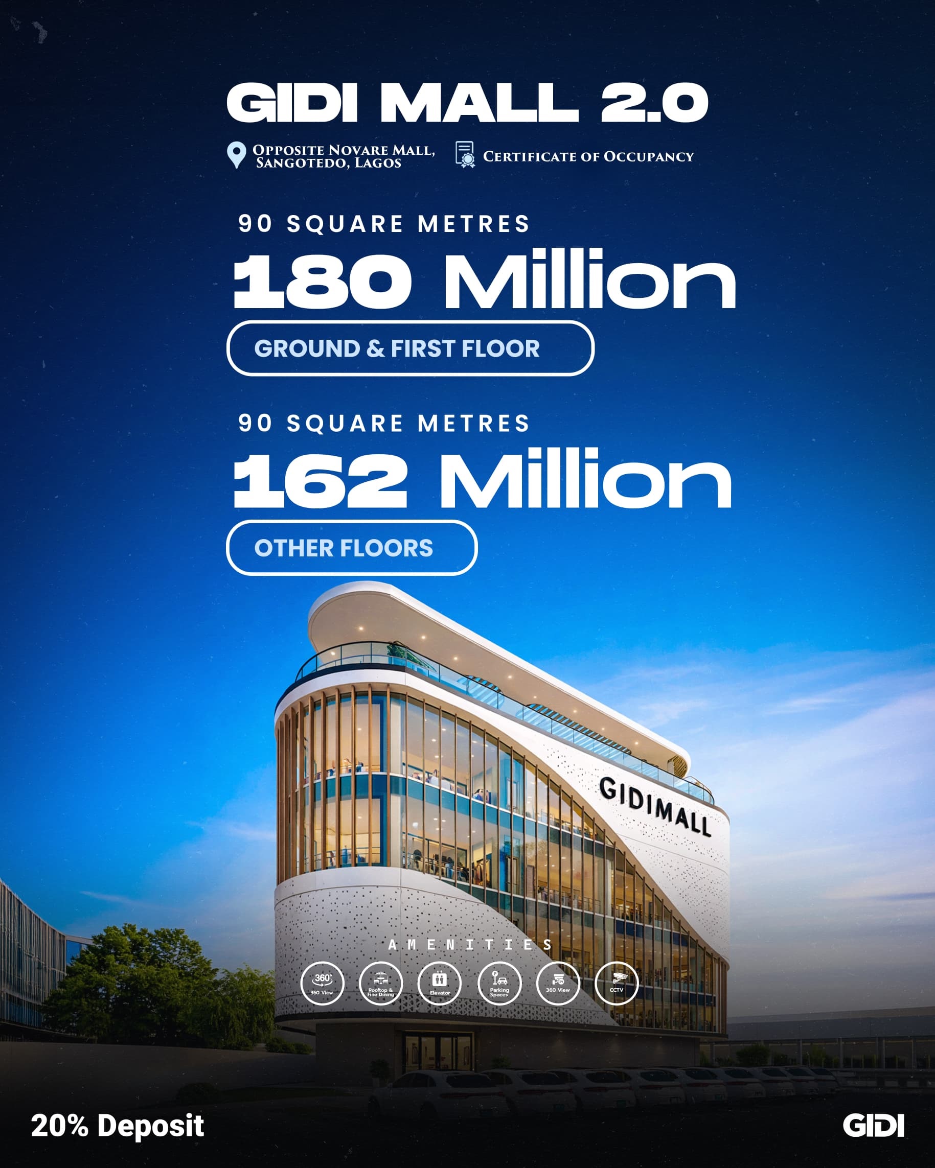 Own premium commercial space at GIDI Mall 2.0, Sangotedo. Directly opposite Novare Mall, 20% initial deposit, and massive ROI potential.