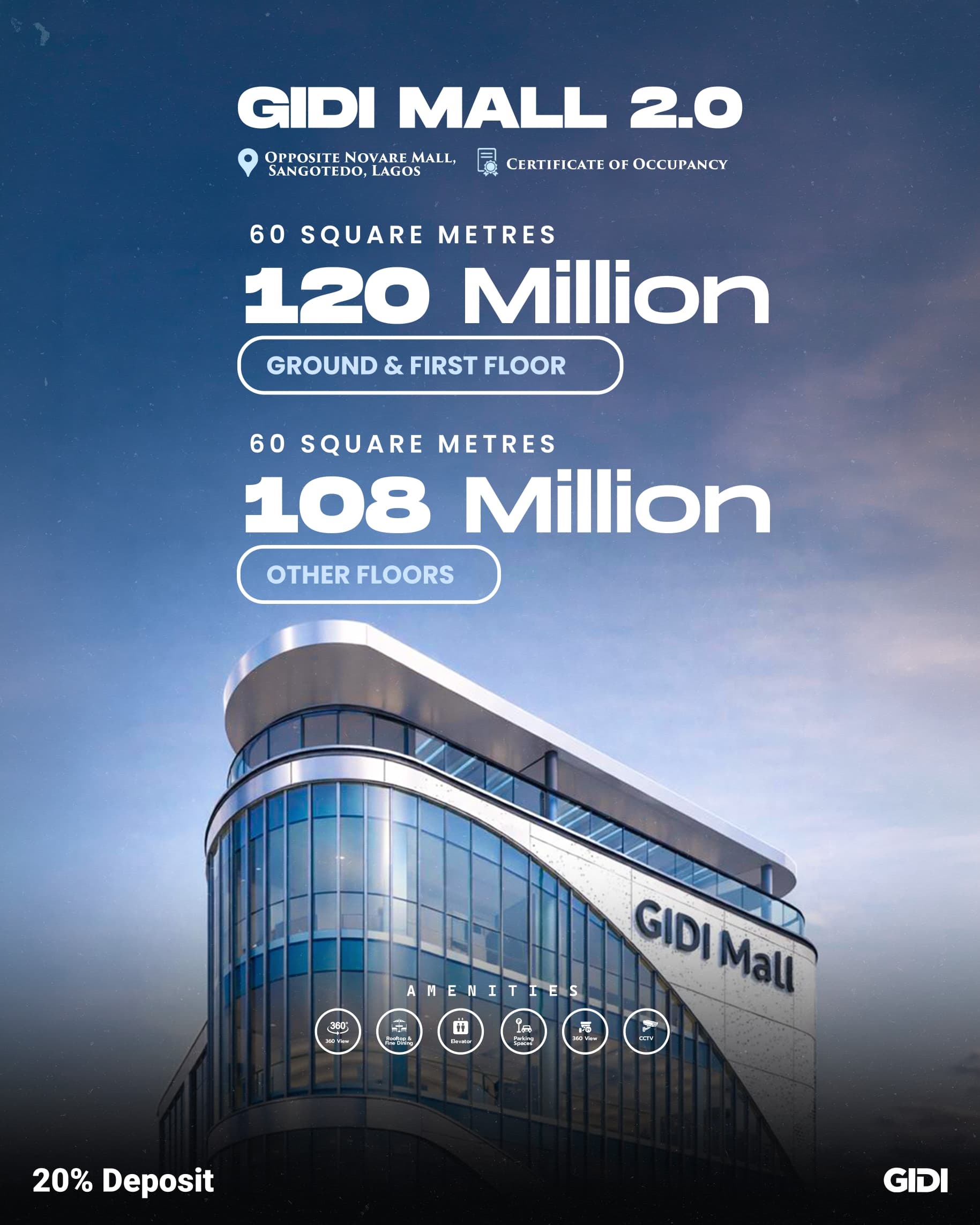 Own premium commercial space at GIDI Mall 2.0, Sangotedo. Directly opposite Novare Mall, 20% initial deposit, and massive ROI potential.