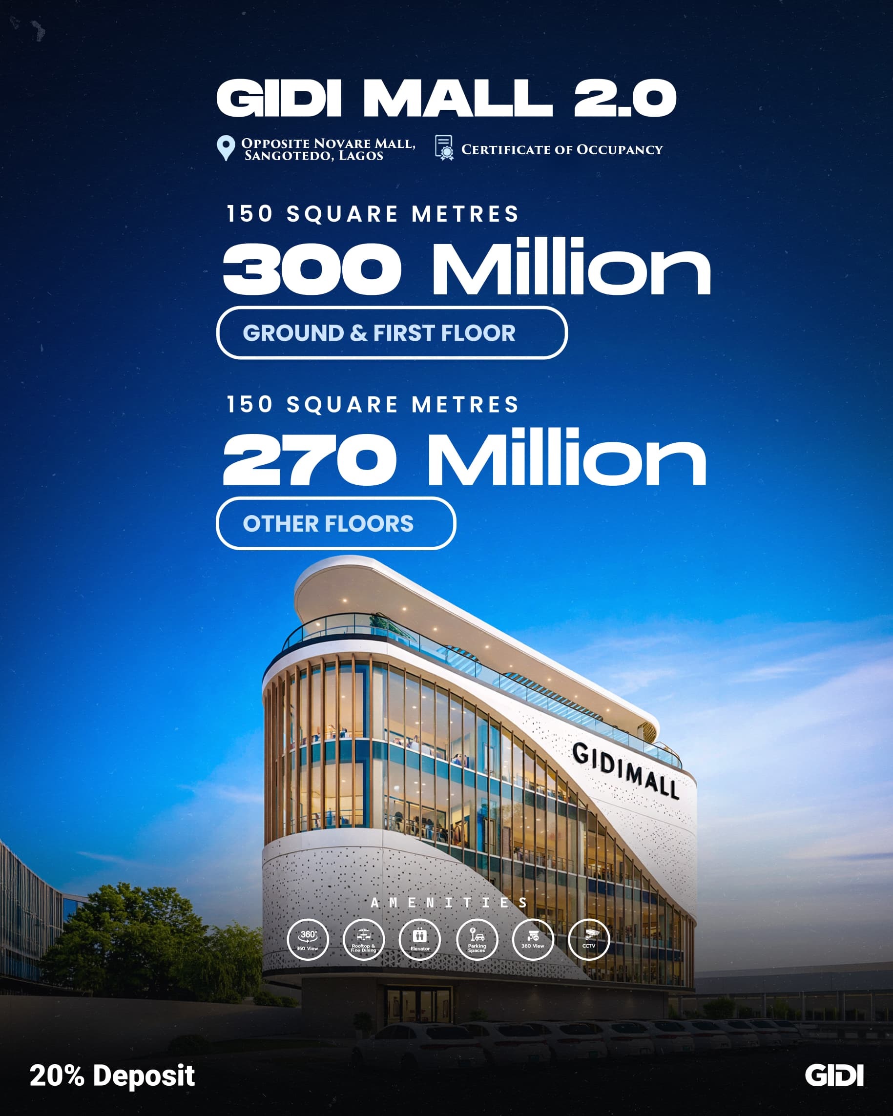 Own premium commercial space at GIDI Mall 2.0, Sangotedo. Directly opposite Novare Mall, 20% initial deposit, and massive ROI potential.