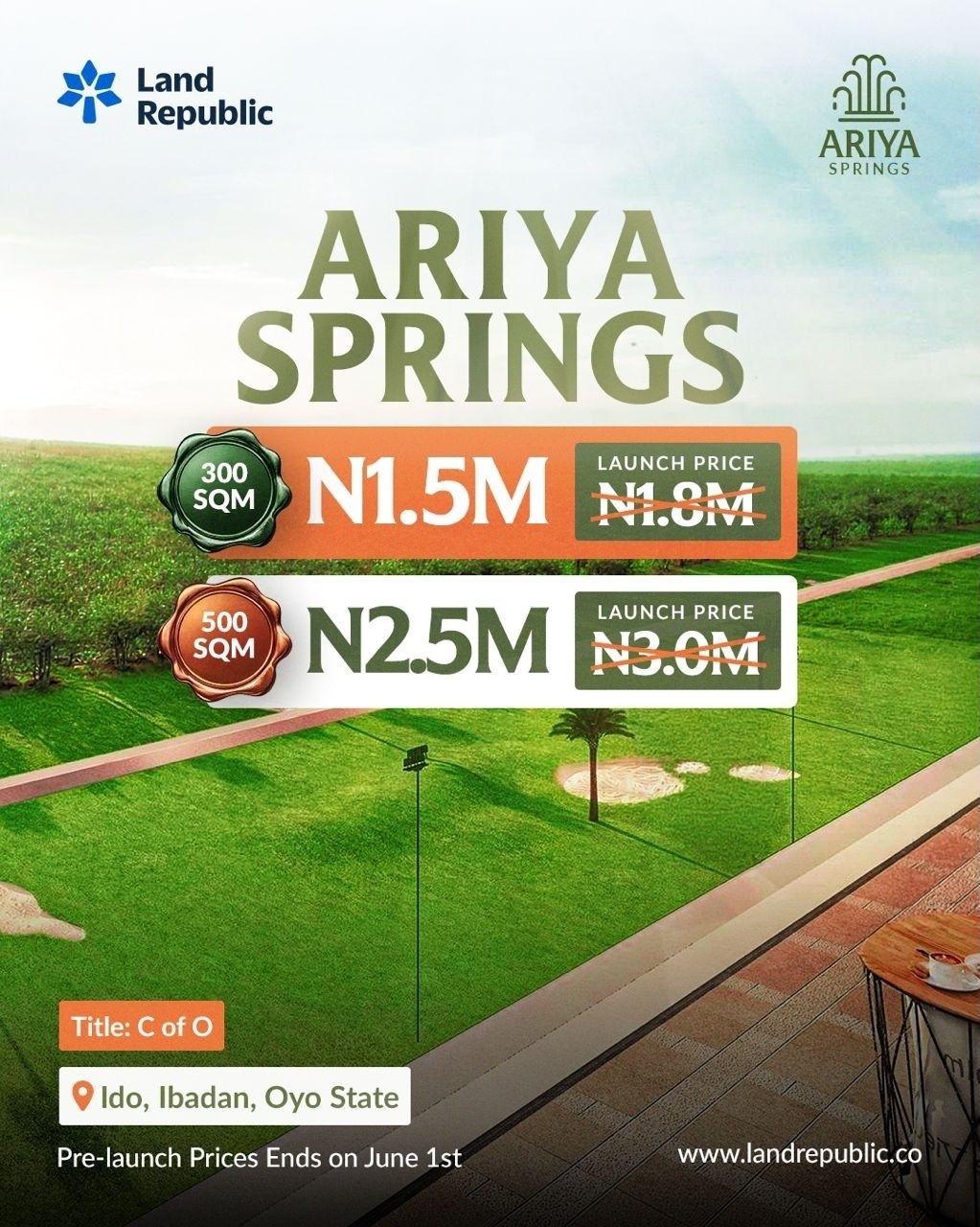 Secure your future at Ariya Springs, Ido, Ibadan. Land for sale with a C of O title starting at ₦1.5M. Enjoy 6 months interest-free payments