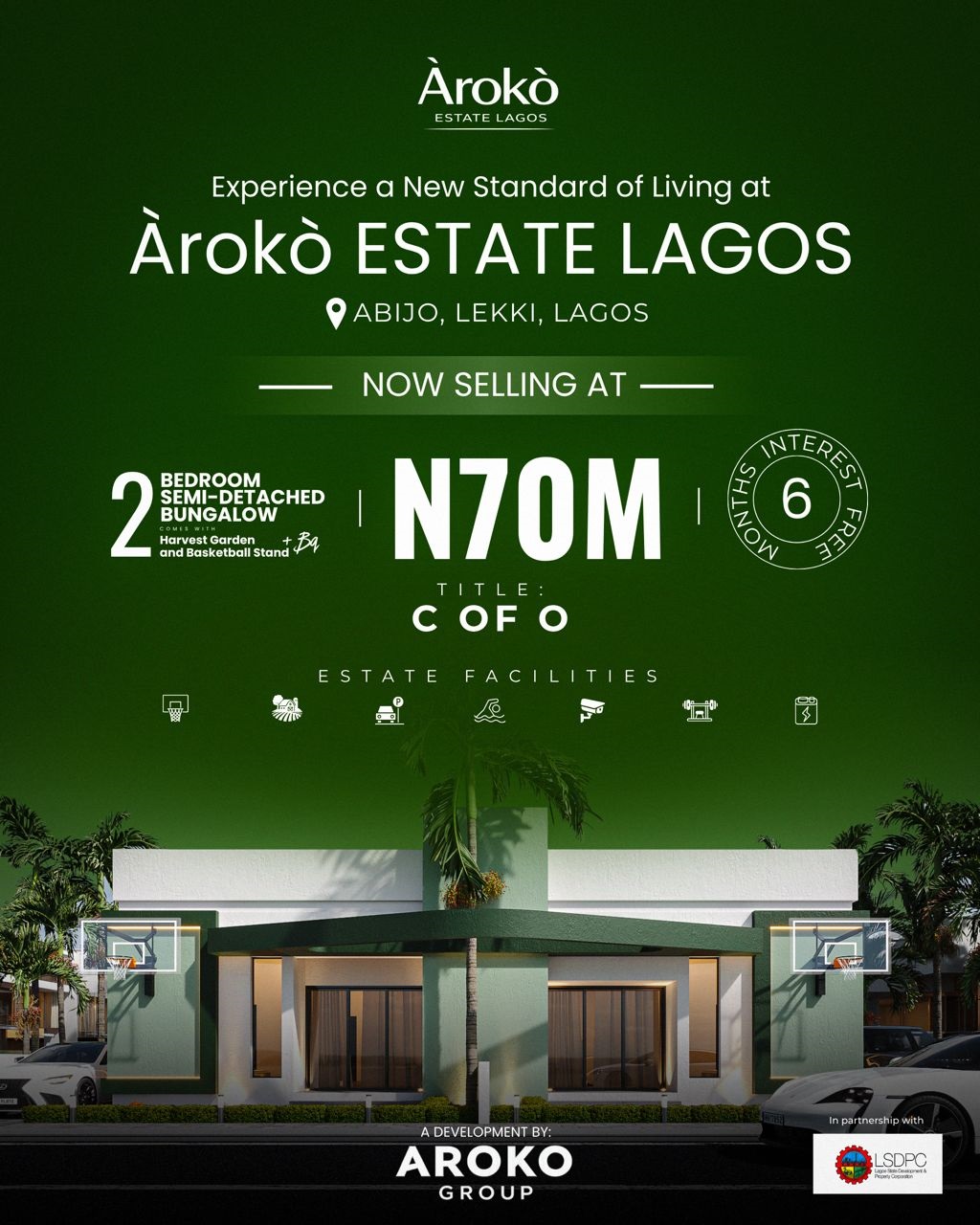 Invest in AROKO Estate Lagos. Luxury 300-500sqm plots and finished bungalows with C of O. 6-month payment plan available. Limited units