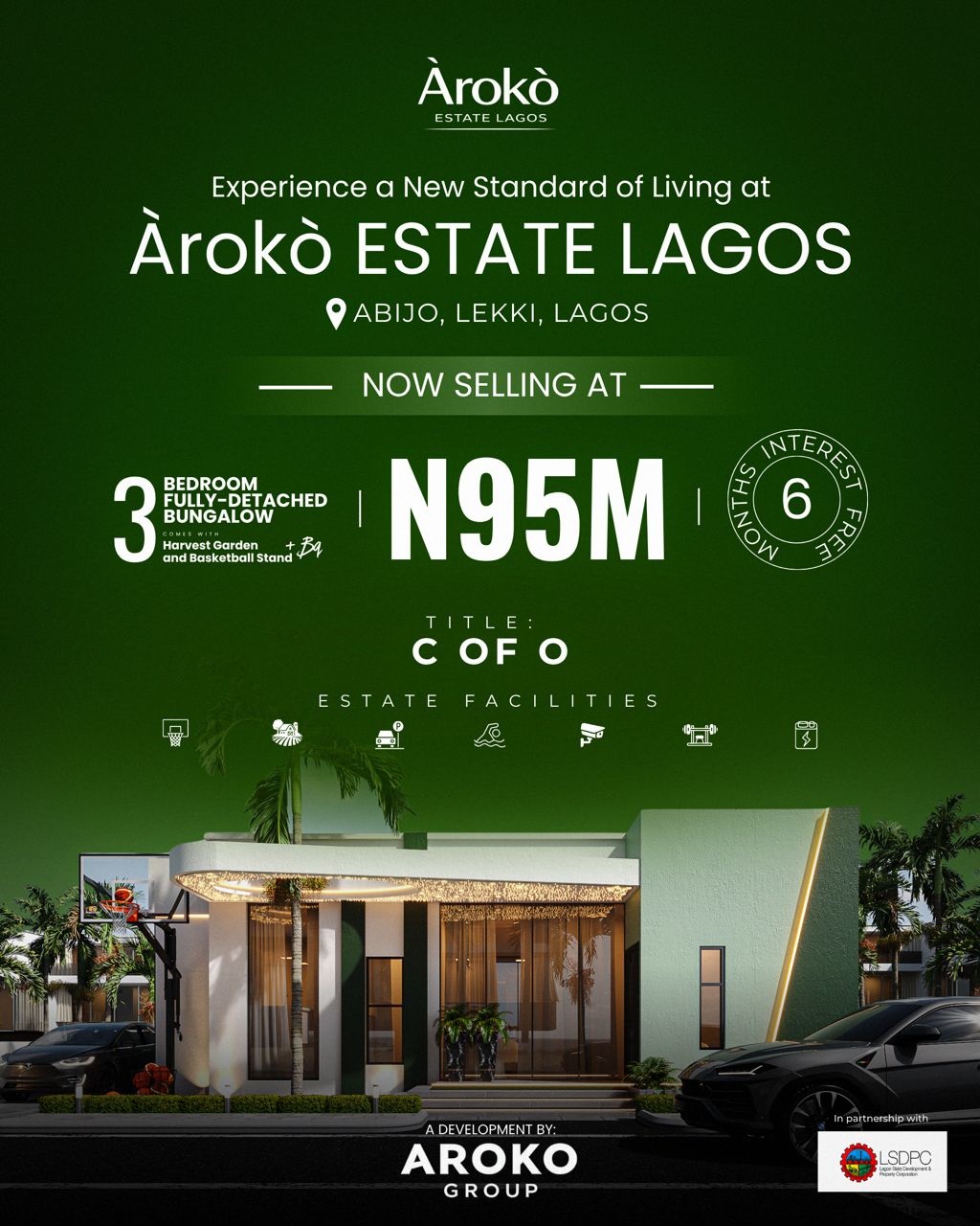 Invest in AROKO Estate Lagos. Luxury 300-500sqm plots and finished bungalows with C of O. 6-month payment plan available. Limited units