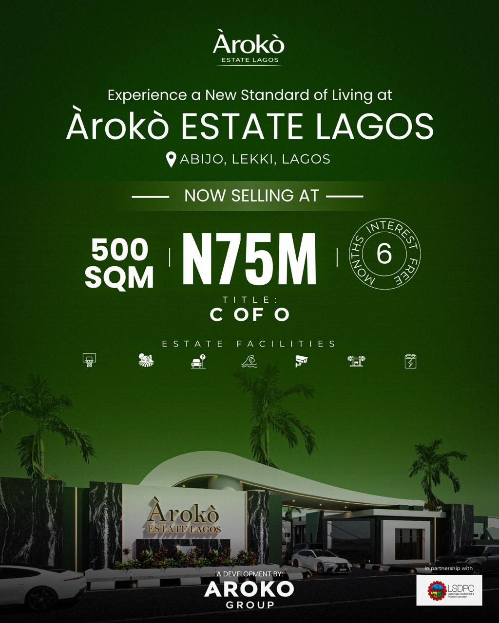 Invest in AROKO Estate Lagos. Luxury 300-500sqm plots and finished bungalows with C of O. 6-month payment plan available. Limited units