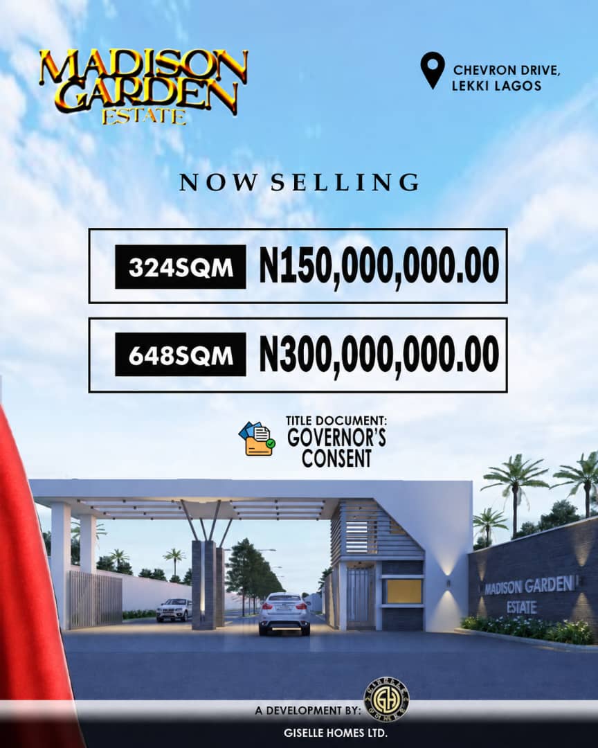 Land for sale at Madison Garden Estate, Chevron Lekki. Governor's Consent, stable power & instant allocation from ₦150M. Call +2348138623765