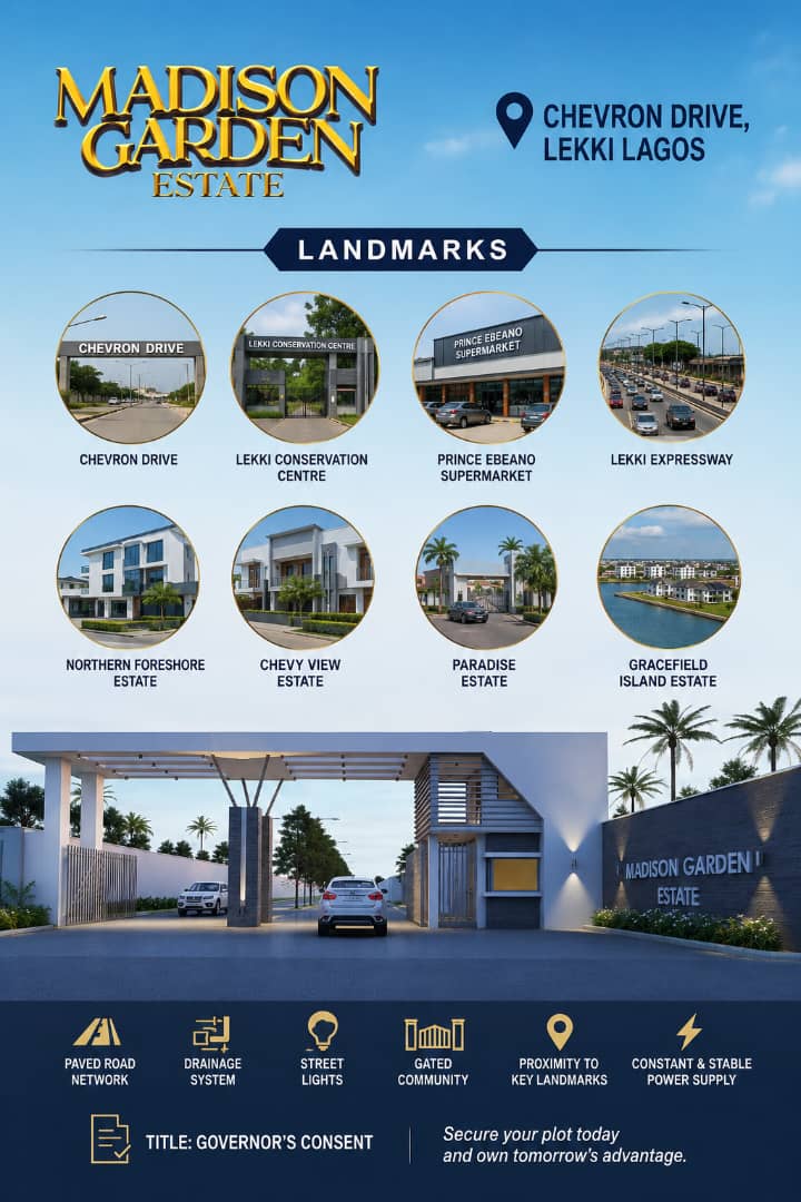 Land for sale at Madison Garden Estate, Chevron Lekki. Governor's Consent, stable power & instant allocation from ₦150M. Call +2348138623765