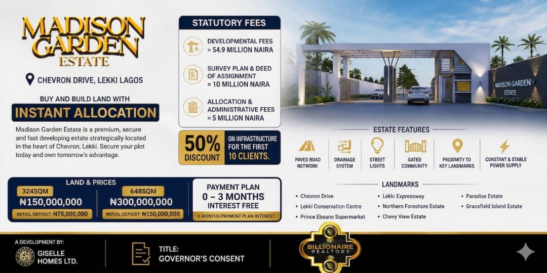 Land for sale at Madison Garden Estate, Chevron Lekki. Governor's Consent, stable power & instant allocation from ₦150M. Call +2348138623765