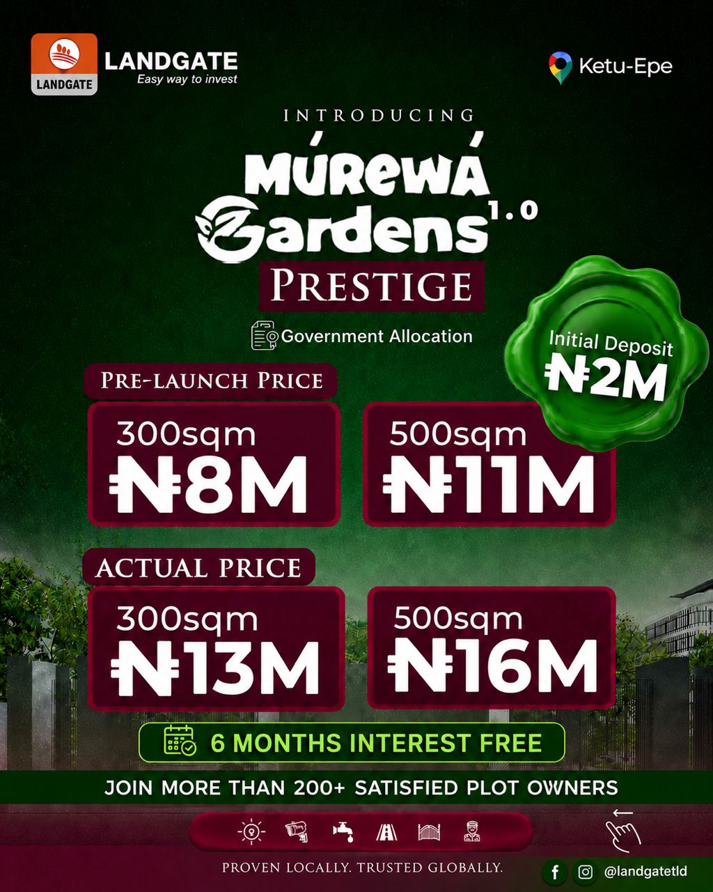 Land for sale in Murewa Garden Prestige, Ketu-Epe along the expressway. Starting at ₦8M with ₦2M deposit & 6 months interest-free plans.