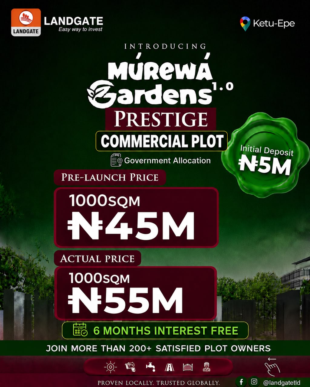 Land for sale in Murewa Garden Prestige, Ketu-Epe along the expressway. Starting at ₦8M with ₦2M deposit & 6 months interest-free plans.