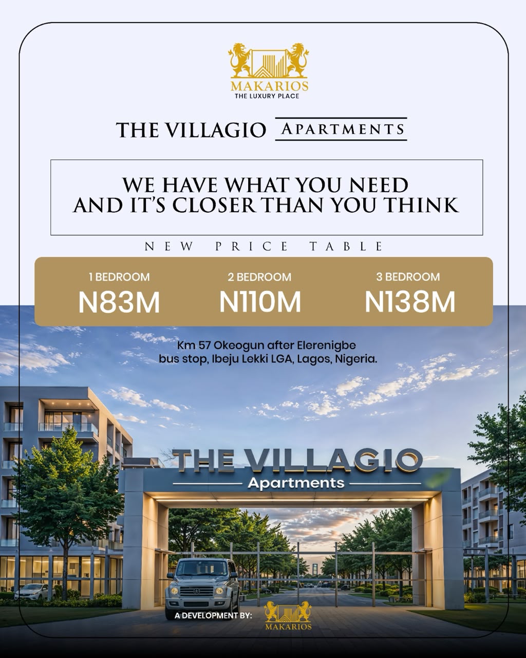 The Villagio Apartment, Makarios Champion Place, Ibeju-Lekki. Luxury 1, 2 & 3-bed apartment with Govt Allocation. +2348138623765
