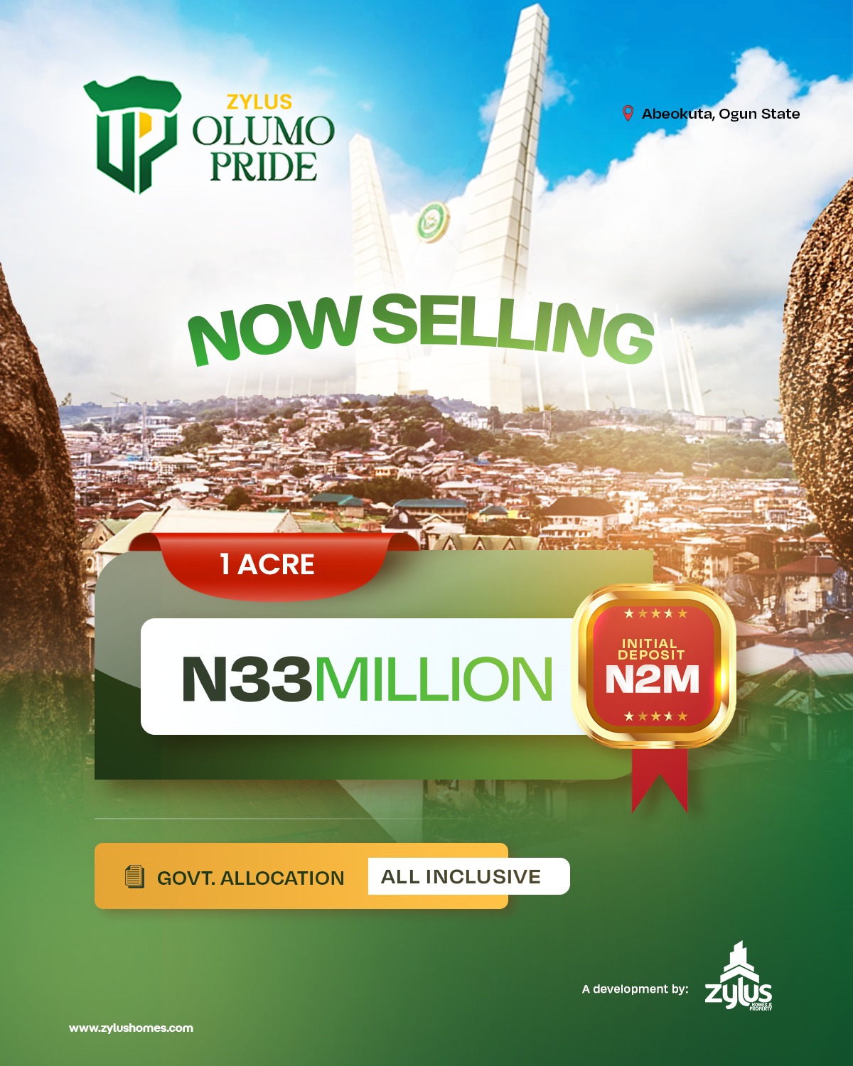 Own land at Olumo Pride Estate Abeokuta with Government Allocation title. Prices start at ₦6M (all-inclusive) with flexible 12-month payment plans.