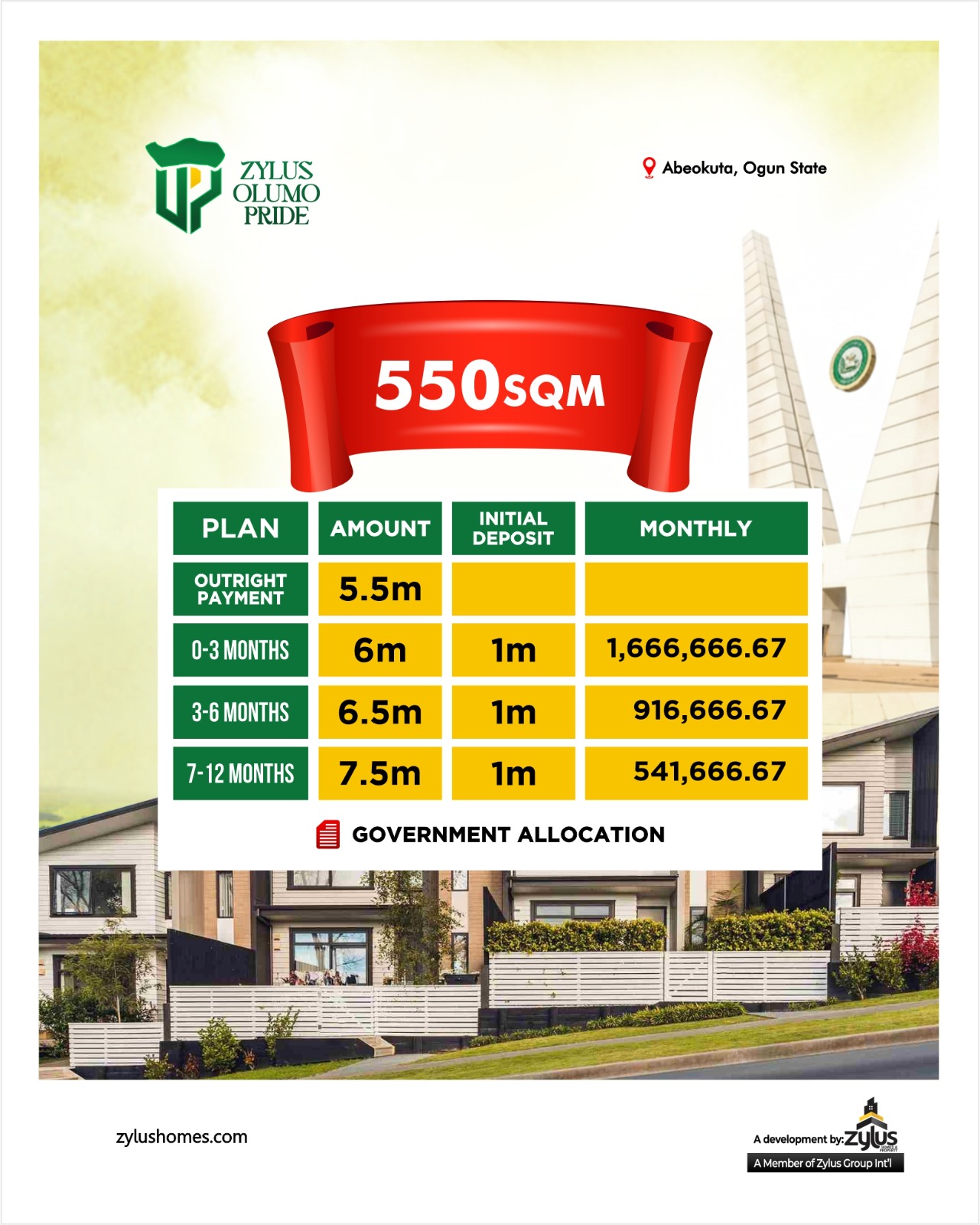 Own land at Olumo Pride Estate Abeokuta with Government Allocation title. Prices start at ₦6M (all-inclusive) with flexible 12-month payment plans.