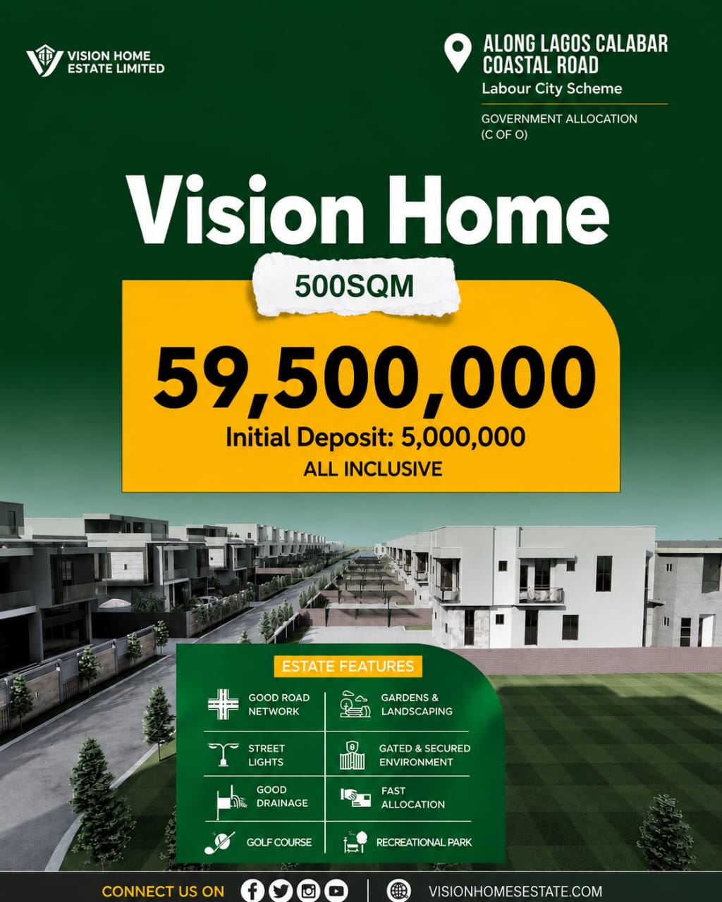Land for sale in Vision Home Estate, Orimedu, Ibeju-Lekki along the Lagos Calabar Coastal Road. C of O. Plots from ₦37.5M. Initial deposit ₦5M