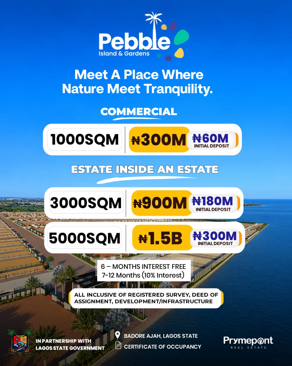 Secure luxury waterfront land at Pebble Island & Gardens Estate, Badore, Ajah. C of O title, Lagos State Government partnership,