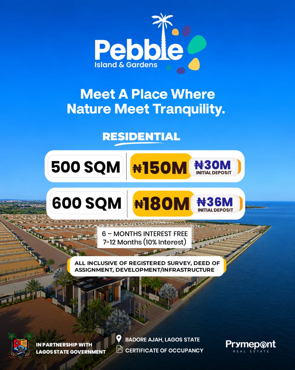 Secure luxury waterfront land at Pebble Island & Gardens Estate, Badore, Ajah. C of O title, Lagos State Government partnership,
