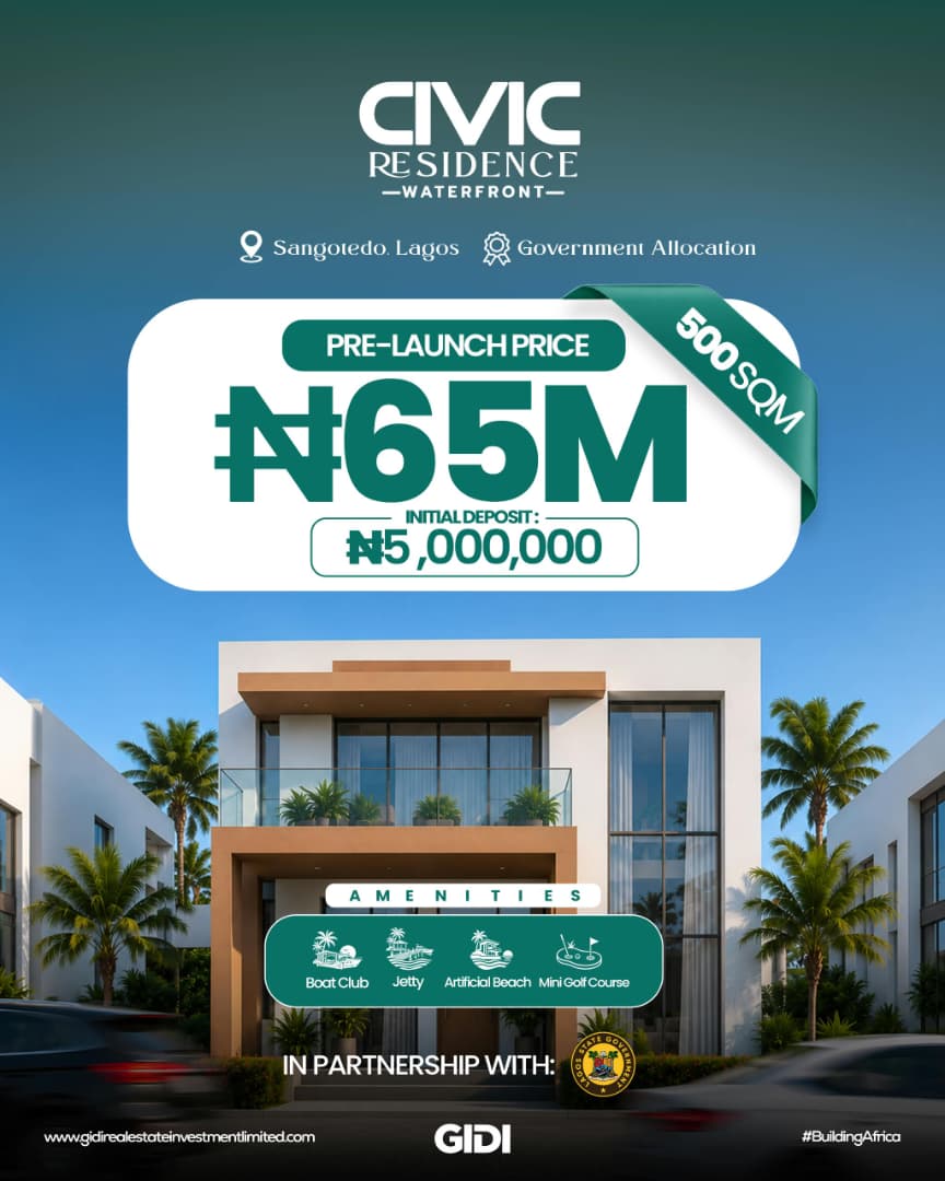 Secure Civic Residence waterfront land for sale in Sangotedo, near Ajah. Features an artificial beach, private jetty, and golf course.