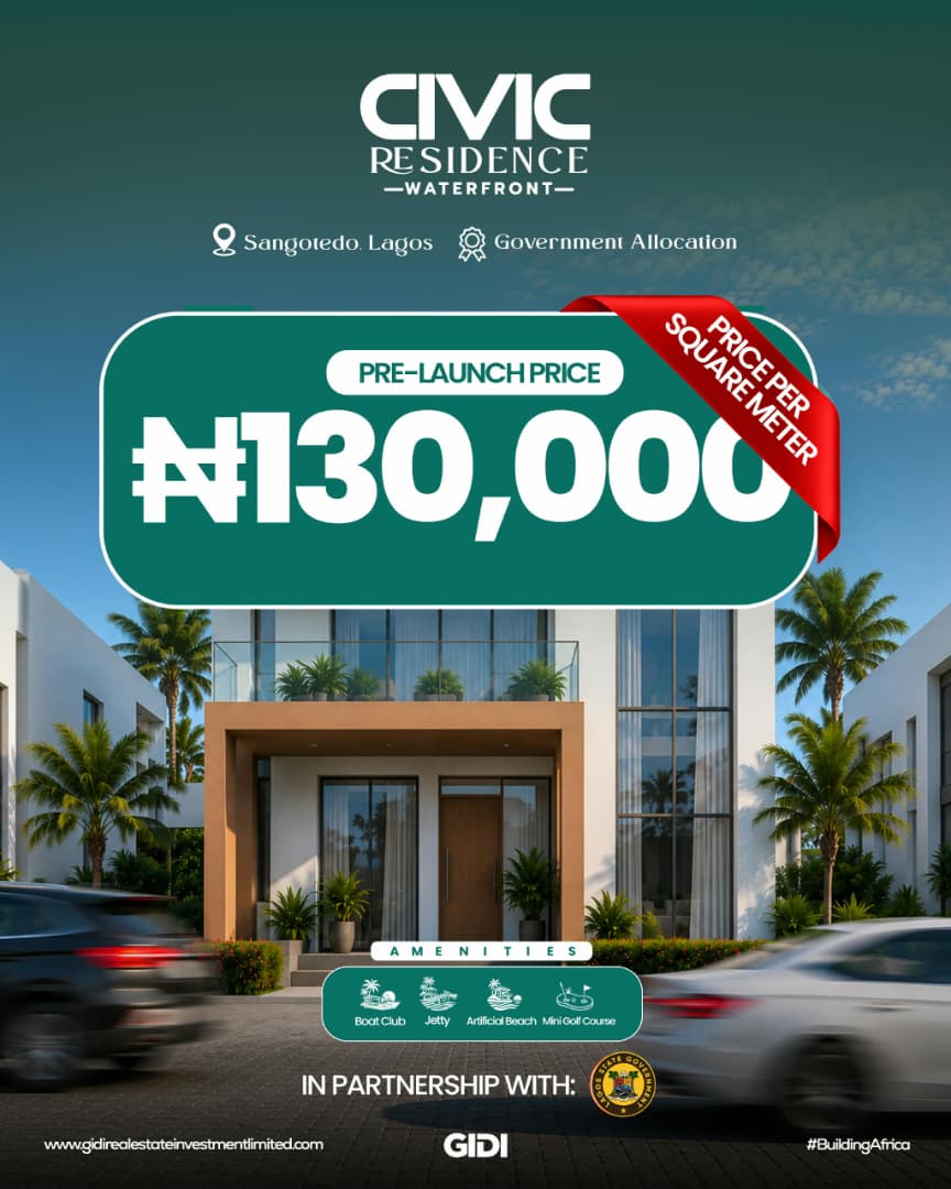 Secure Civic Residence waterfront land for sale in Sangotedo, near Ajah. Features an artificial beach, private jetty, and golf course.