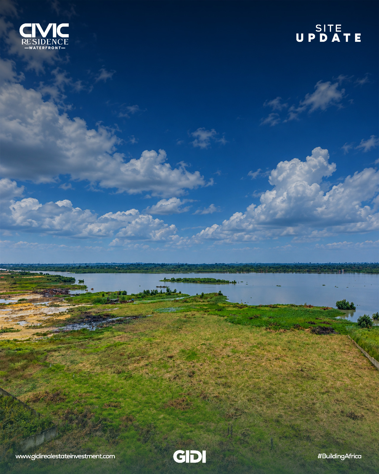 Secure Civic Residence waterfront land for sale in Sangotedo, near Ajah. Features an artificial beach, private jetty, and golf course.